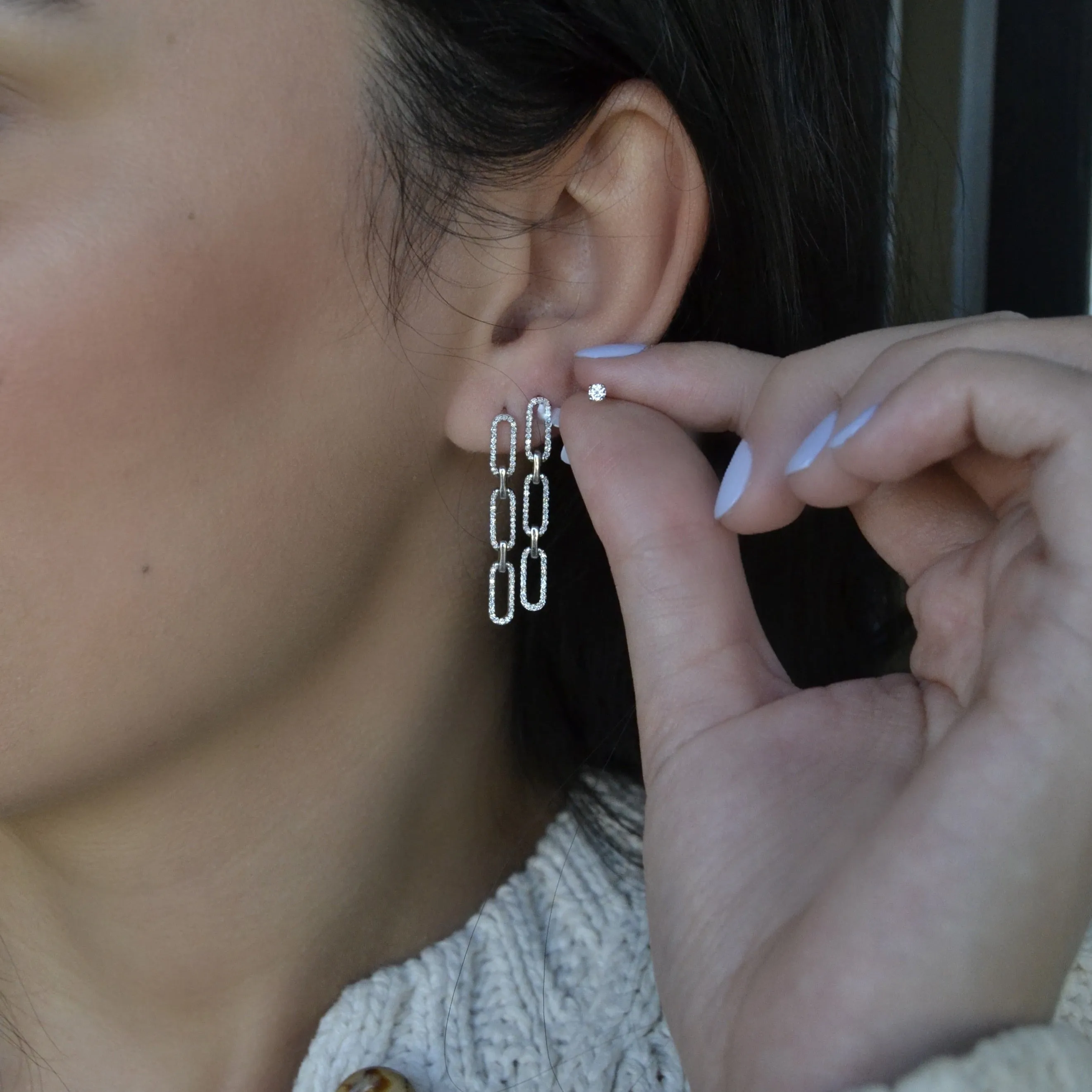 14k Gold and Diamond 3 Chain Link Earring