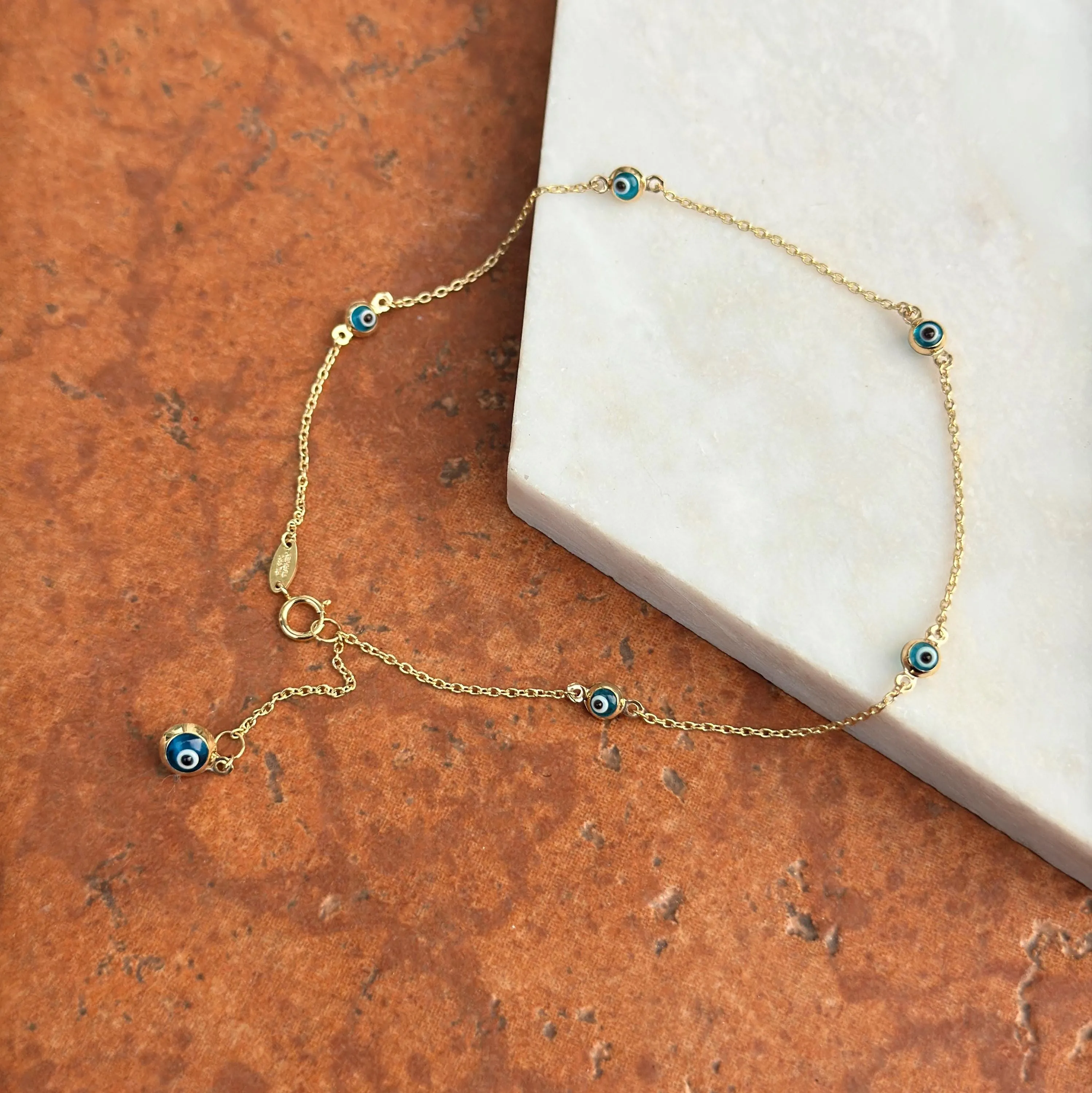 14KT Yellow Gold Blue Evil Eye Ball Station Anklet Lightweight   Extender