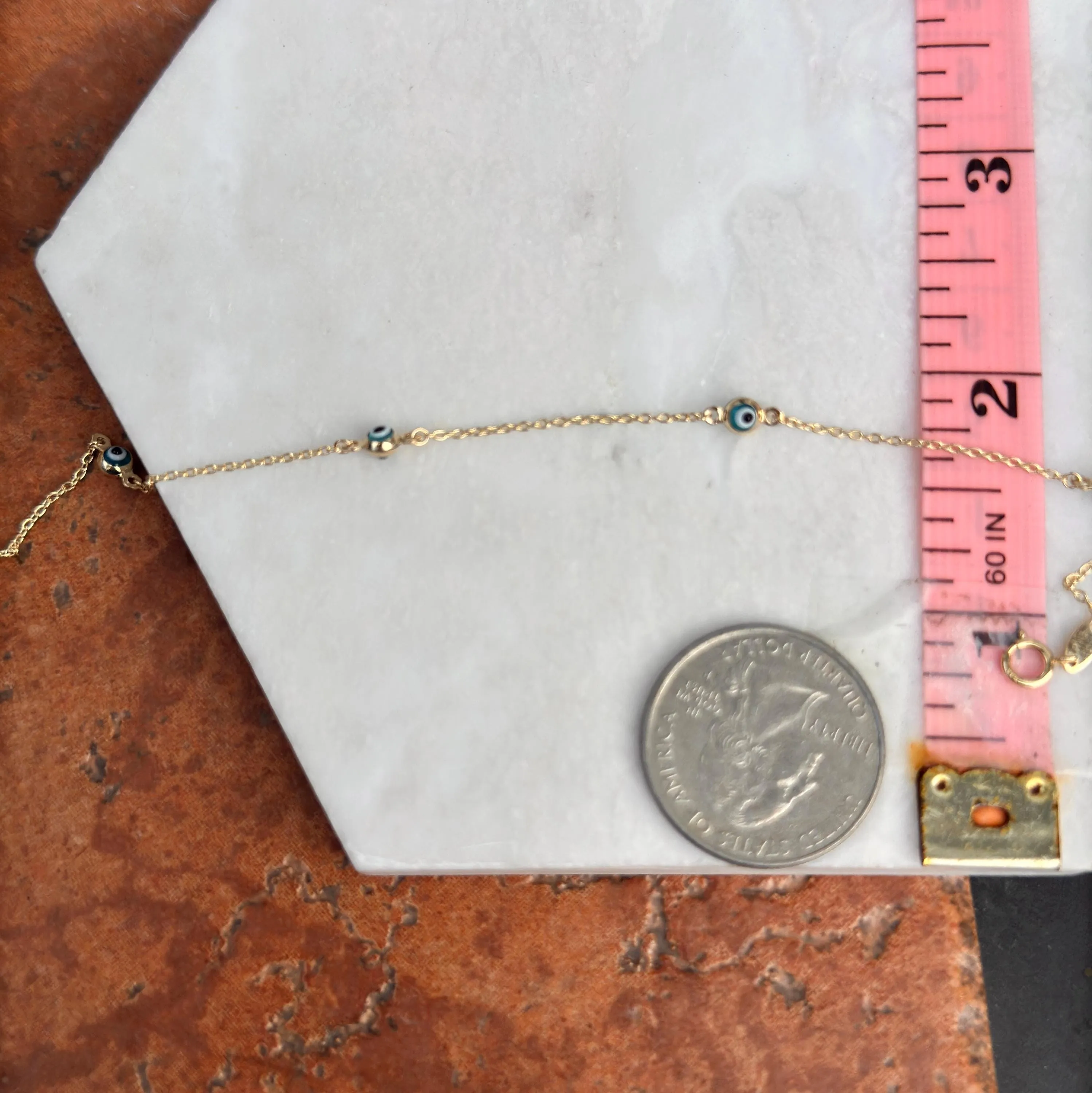 14KT Yellow Gold Blue Evil Eye Ball Station Anklet Lightweight   Extender