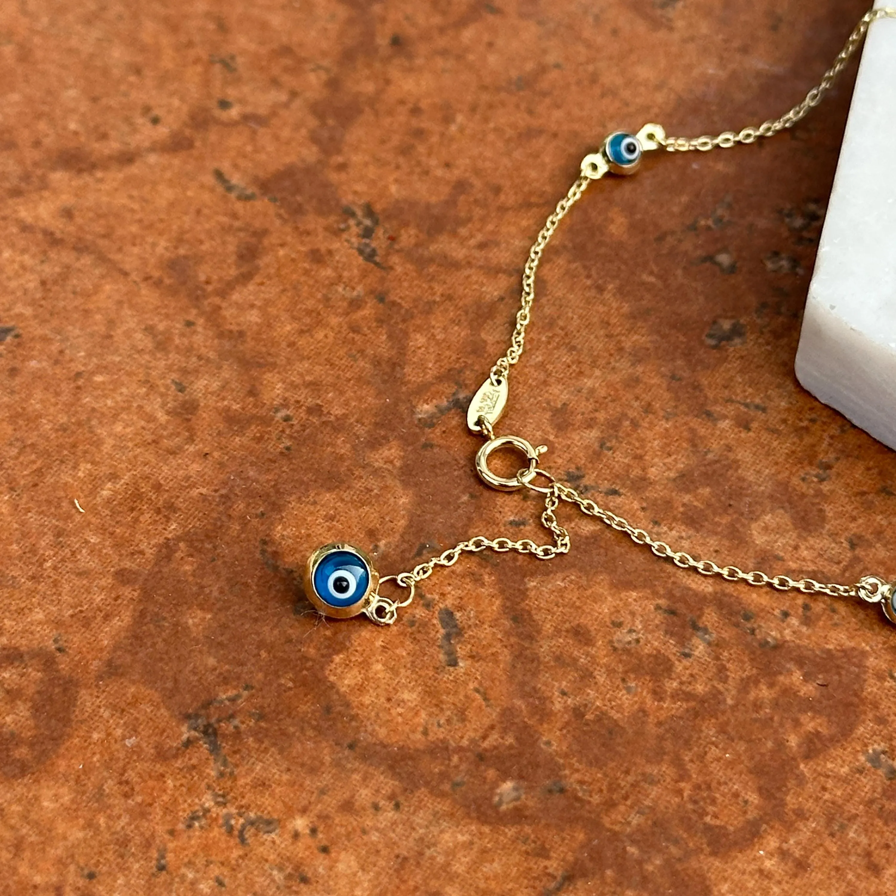 14KT Yellow Gold Blue Evil Eye Ball Station Anklet Lightweight   Extender