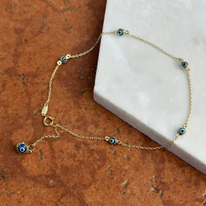 14KT Yellow Gold Blue Evil Eye Ball Station Anklet Lightweight   Extender