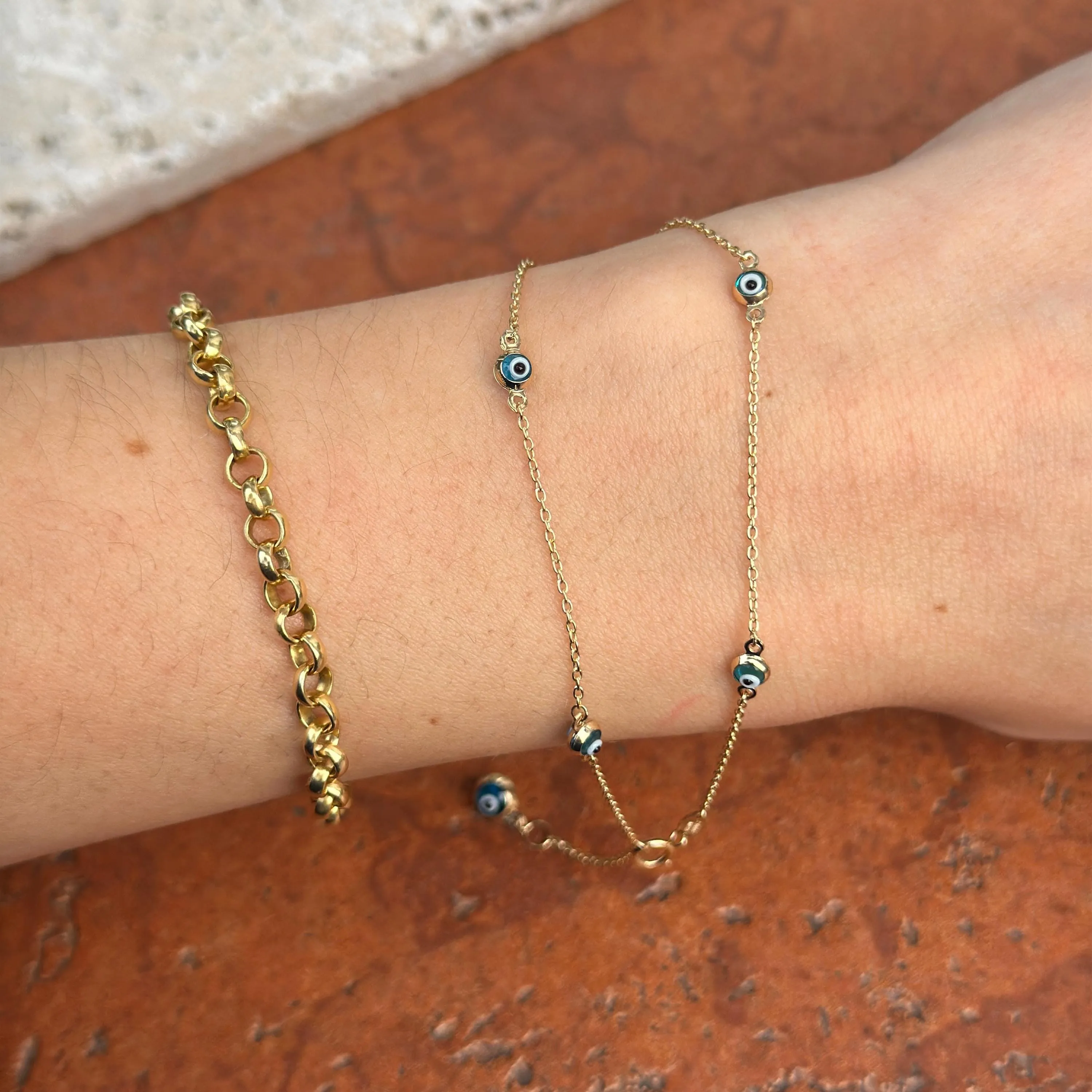 14KT Yellow Gold Blue Evil Eye Ball Station Anklet Lightweight   Extender