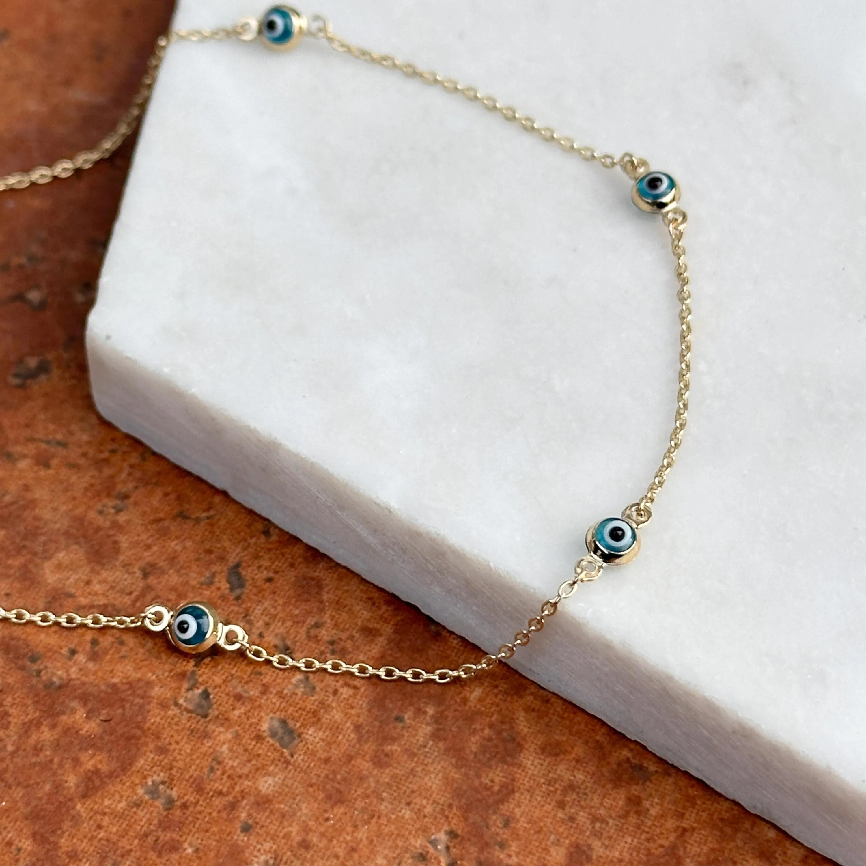 14KT Yellow Gold Blue Evil Eye Ball Station Anklet Lightweight   Extender