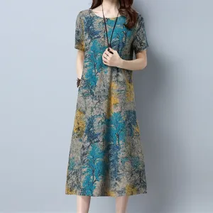 2020 Cotton Linen Summer Dress Women Loose Plus size Casual Dress OL work Wear vintage Print beach Sundress dresses vestidos