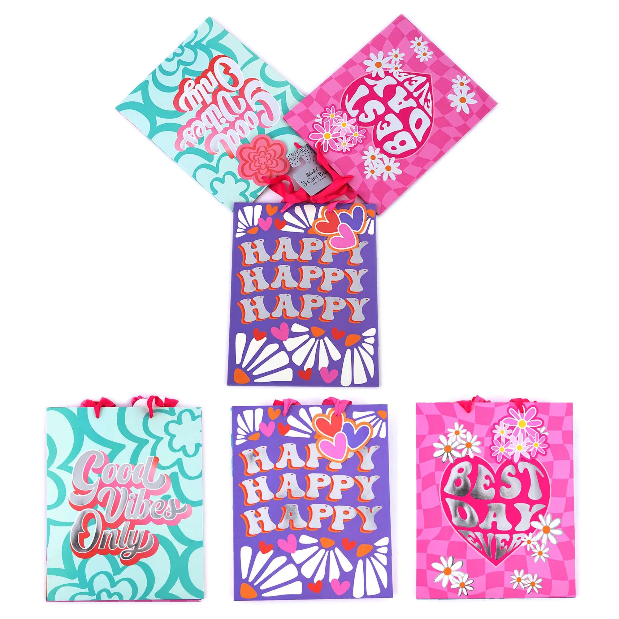 3Pk Large All Occasion Good Vibes Hot Stamp Gift Bags, 3 Designs