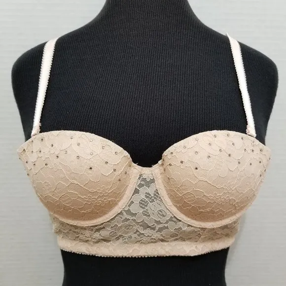 Aerie bra 32B floral lace longline corset style rhinestone bling multi-way