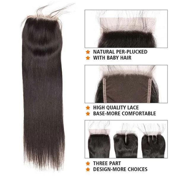 Alipop Hair Straight Hair 4 Bundles with Lace Closure Virgin Remy Hair Weave 100% Unprocessed Human Natural Color