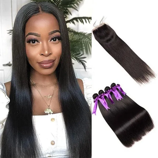 Alipop Hair Straight Hair 4 Bundles with Lace Closure Virgin Remy Hair Weave 100% Unprocessed Human Natural Color