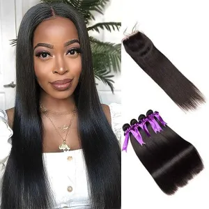 Alipop Hair Straight Hair 4 Bundles with Lace Closure Virgin Remy Hair Weave 100% Unprocessed Human Natural Color