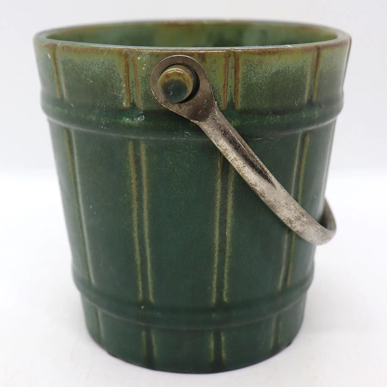 American Fulper Pottery Matte Green Glaze and Silverplate Ice Bucket