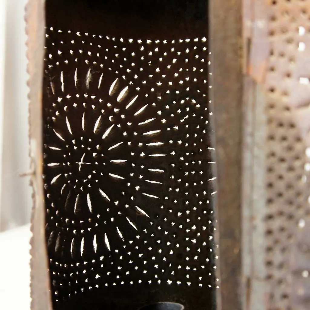 American Primitive Punched Toleware Hanging Candle Lantern