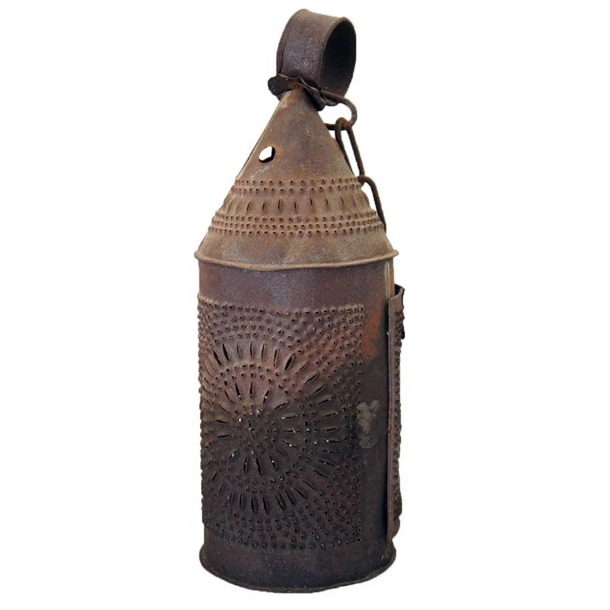 American Primitive Punched Toleware Hanging Candle Lantern