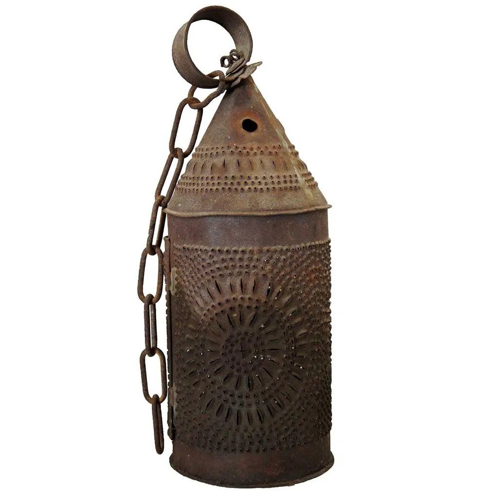 American Primitive Punched Toleware Hanging Candle Lantern