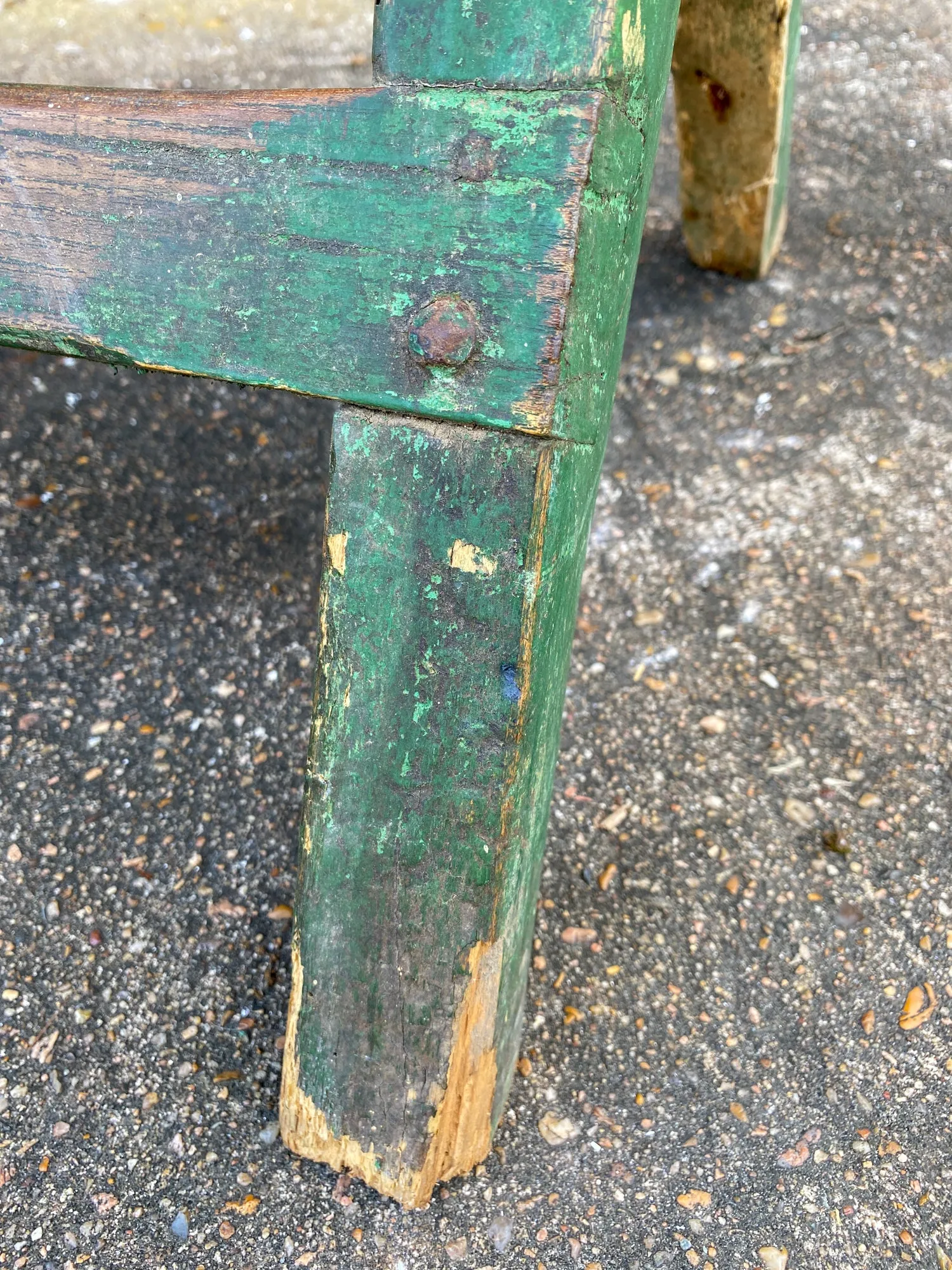 Antique French Wood Trestle Style Work Table with Green Base, circa 1850