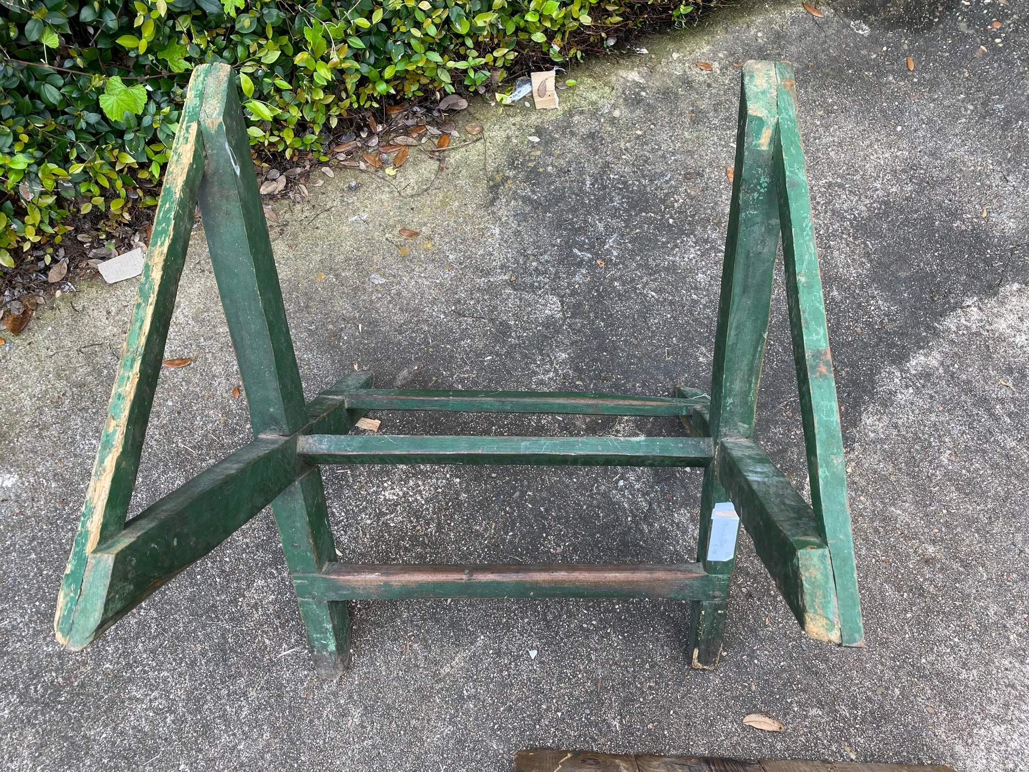 Antique French Wood Trestle Style Work Table with Green Base, circa 1850