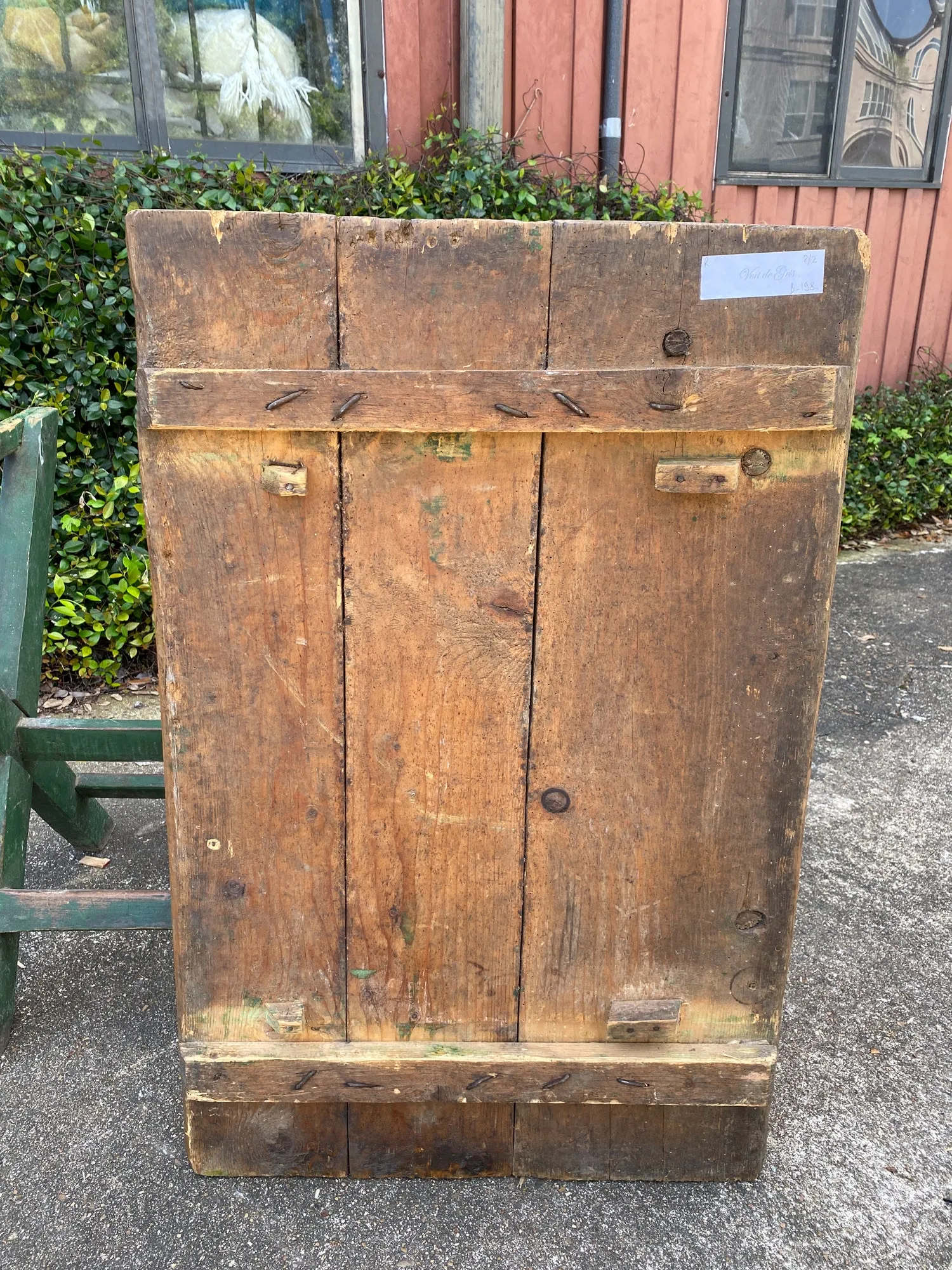 Antique French Wood Trestle Style Work Table with Green Base, circa 1850