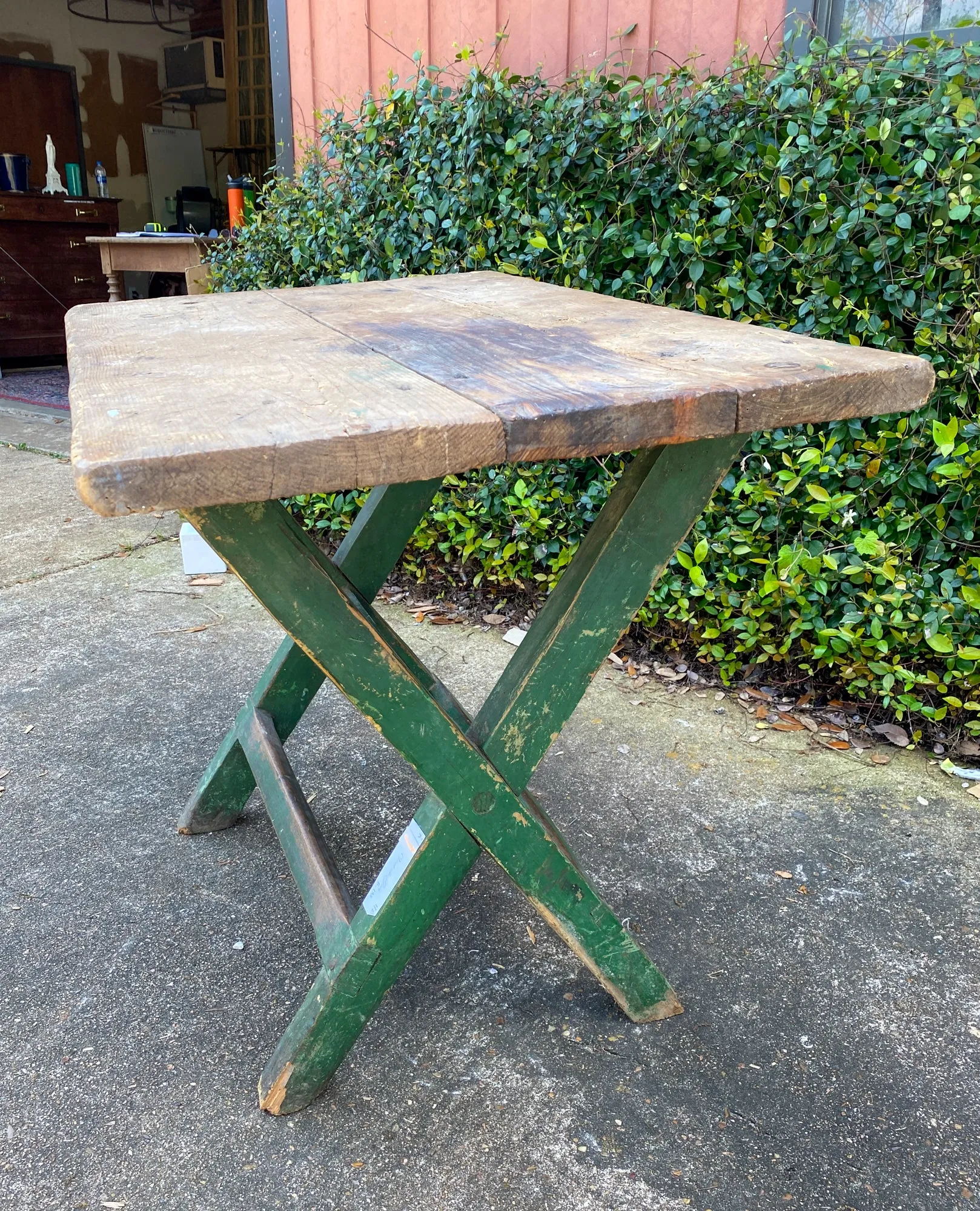Antique French Wood Trestle Style Work Table with Green Base, circa 1850