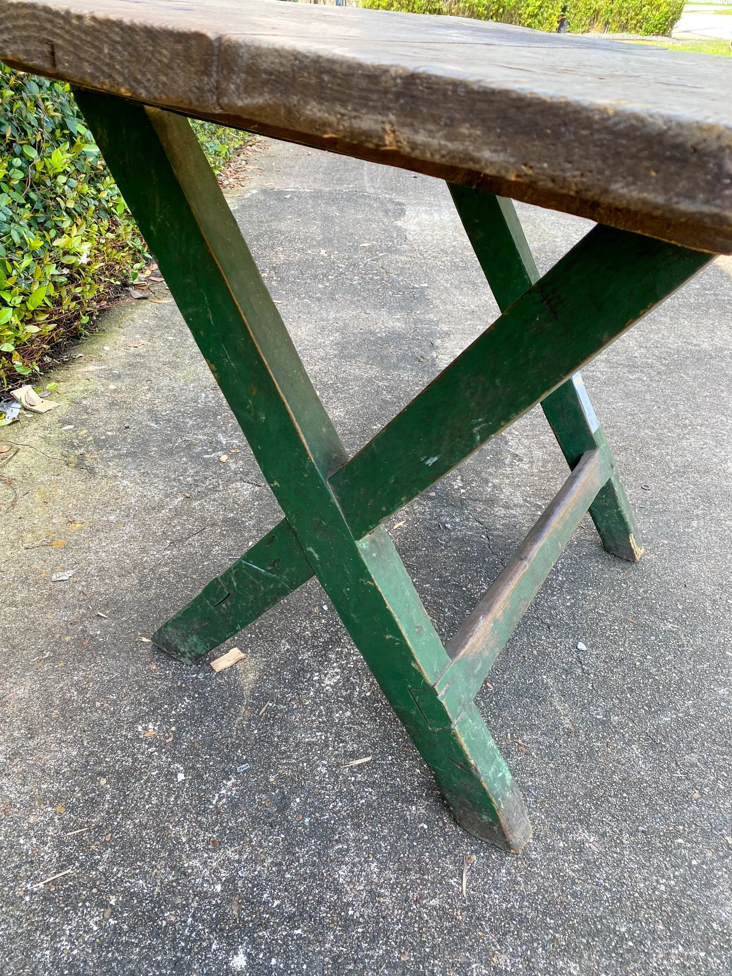 Antique French Wood Trestle Style Work Table with Green Base, circa 1850