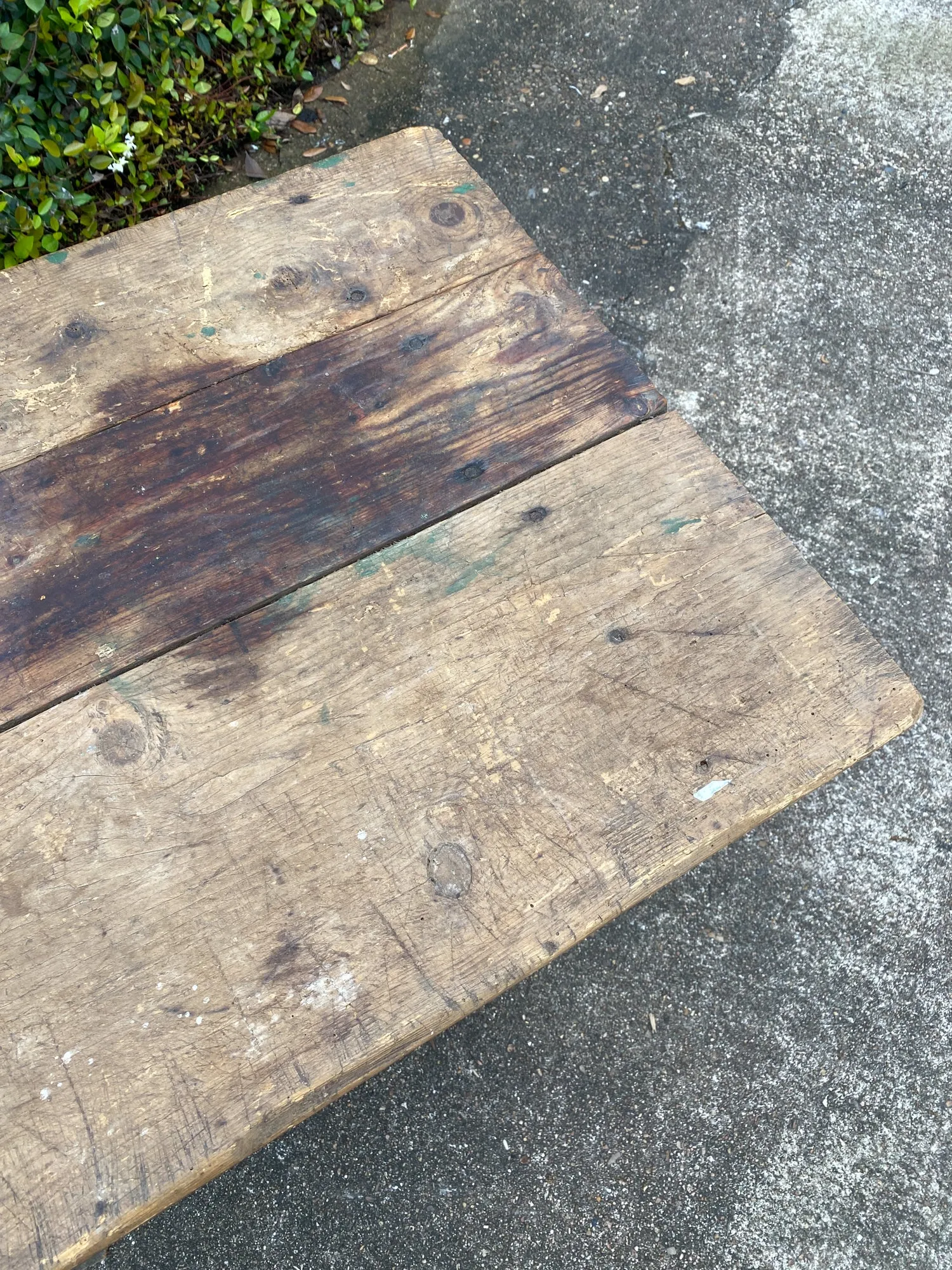 Antique French Wood Trestle Style Work Table with Green Base, circa 1850