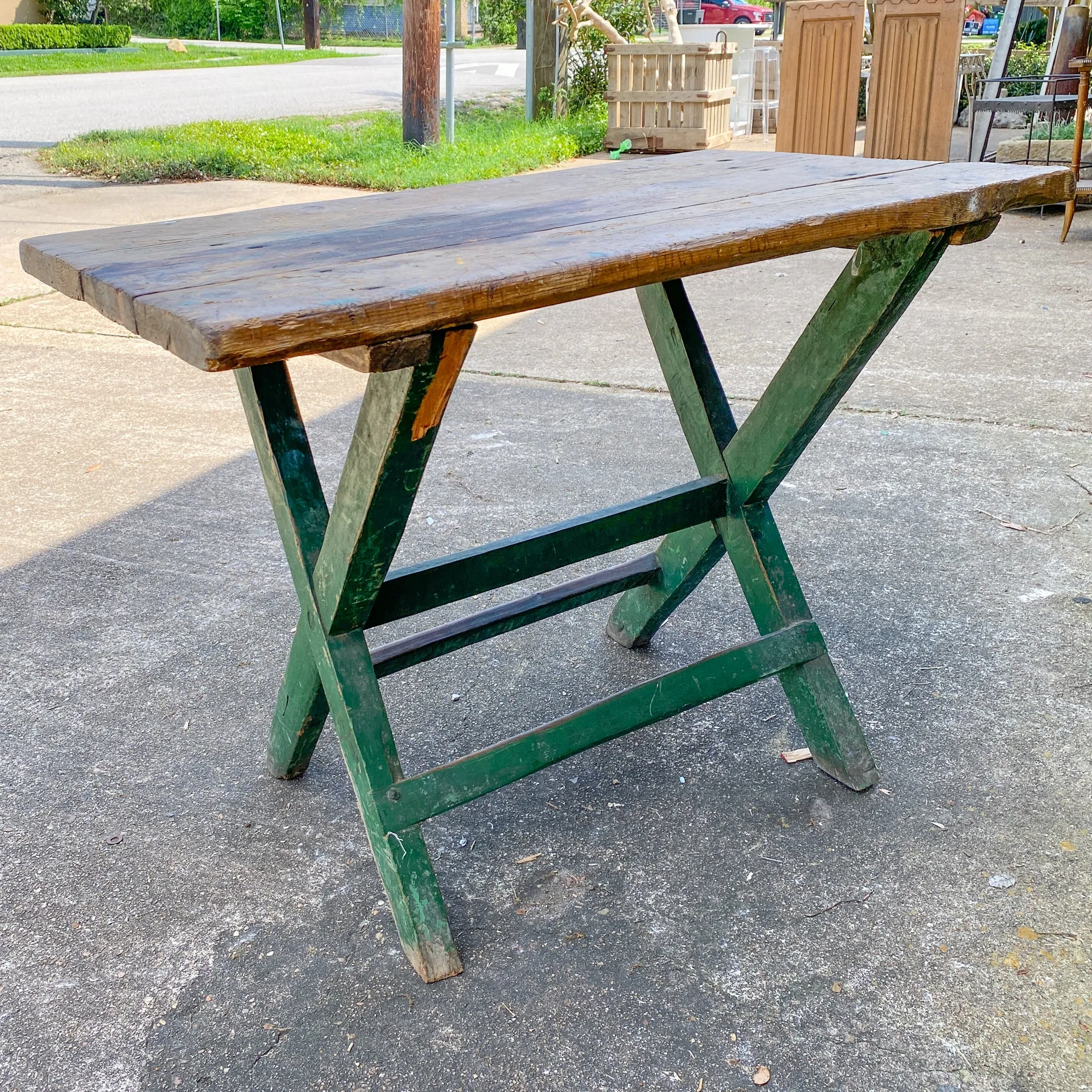 Antique French Wood Trestle Style Work Table with Green Base, circa 1850