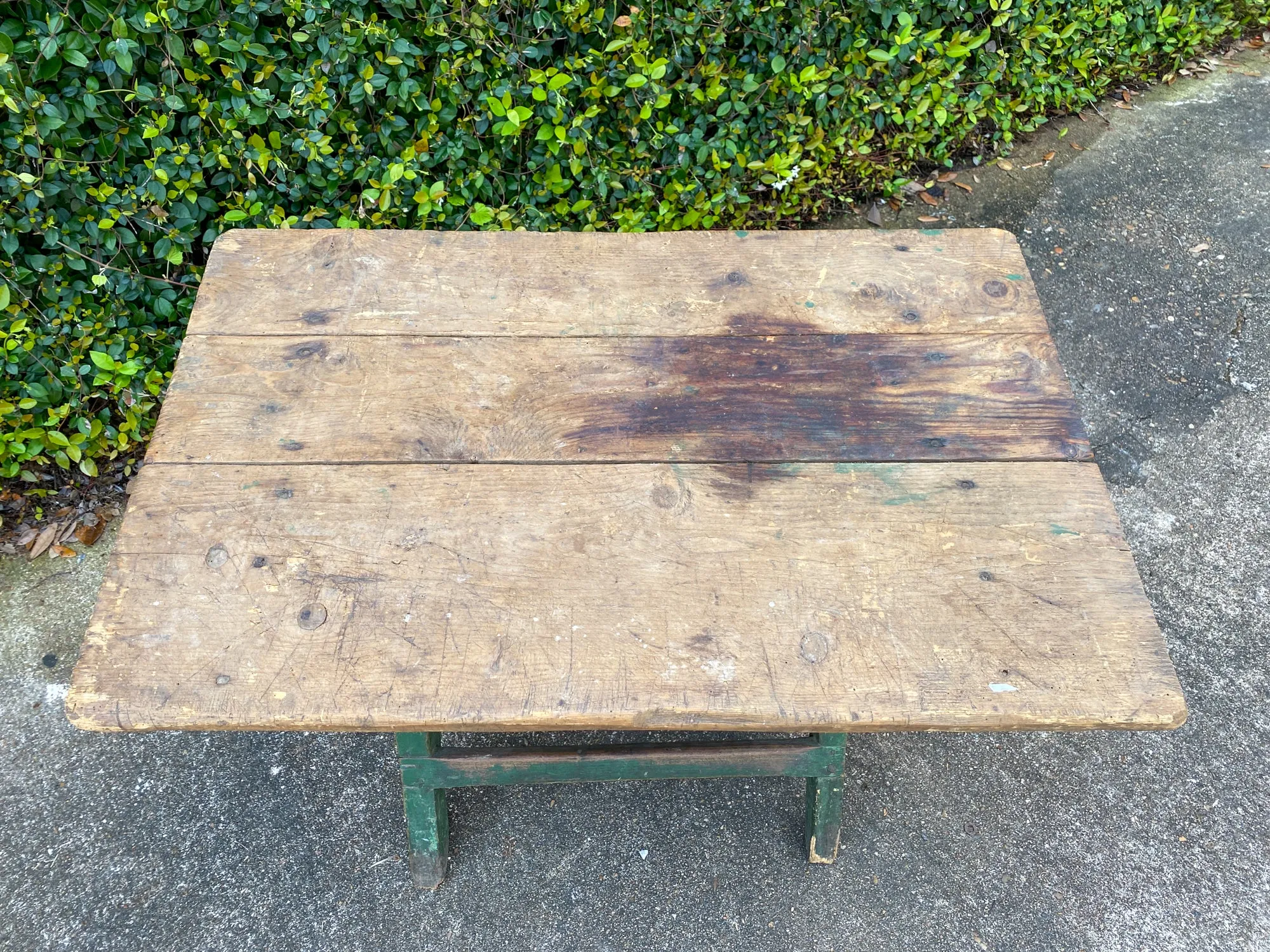 Antique French Wood Trestle Style Work Table with Green Base, circa 1850