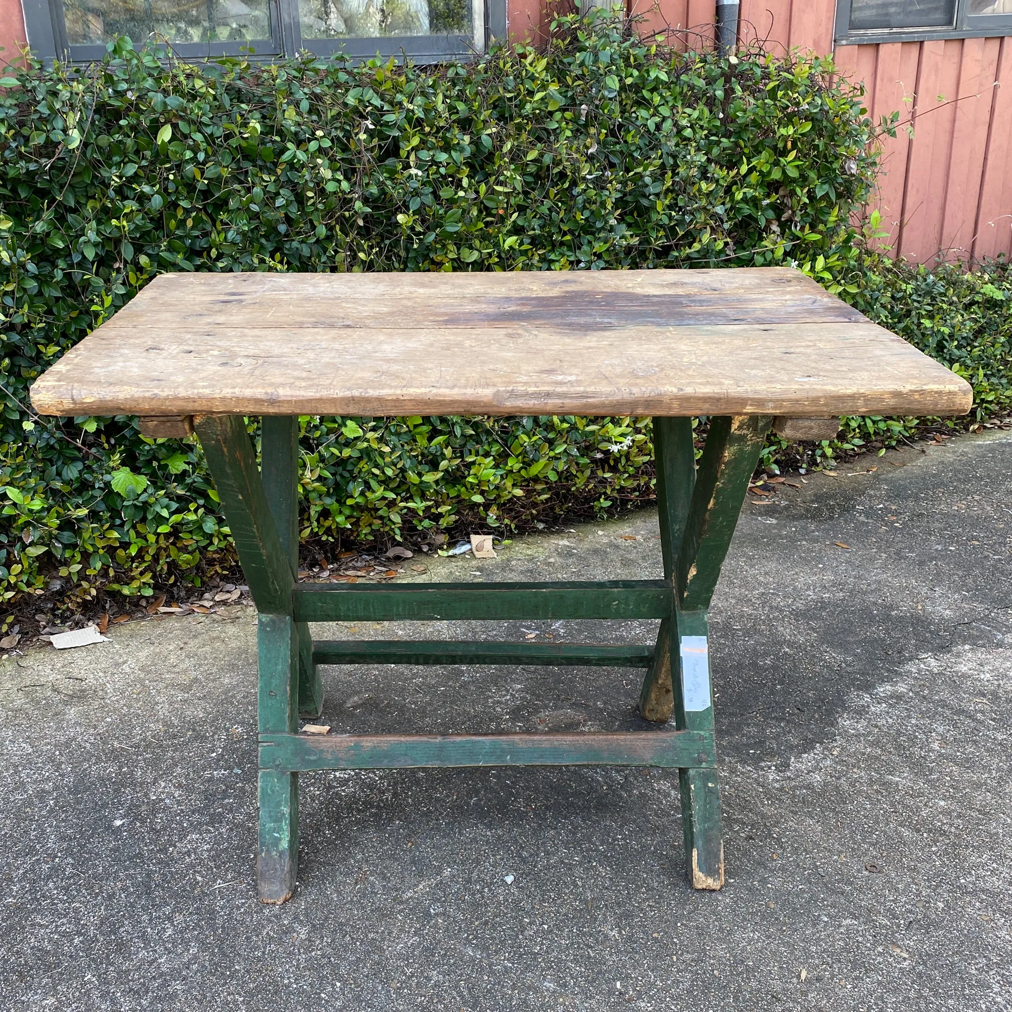 Antique French Wood Trestle Style Work Table with Green Base, circa 1850