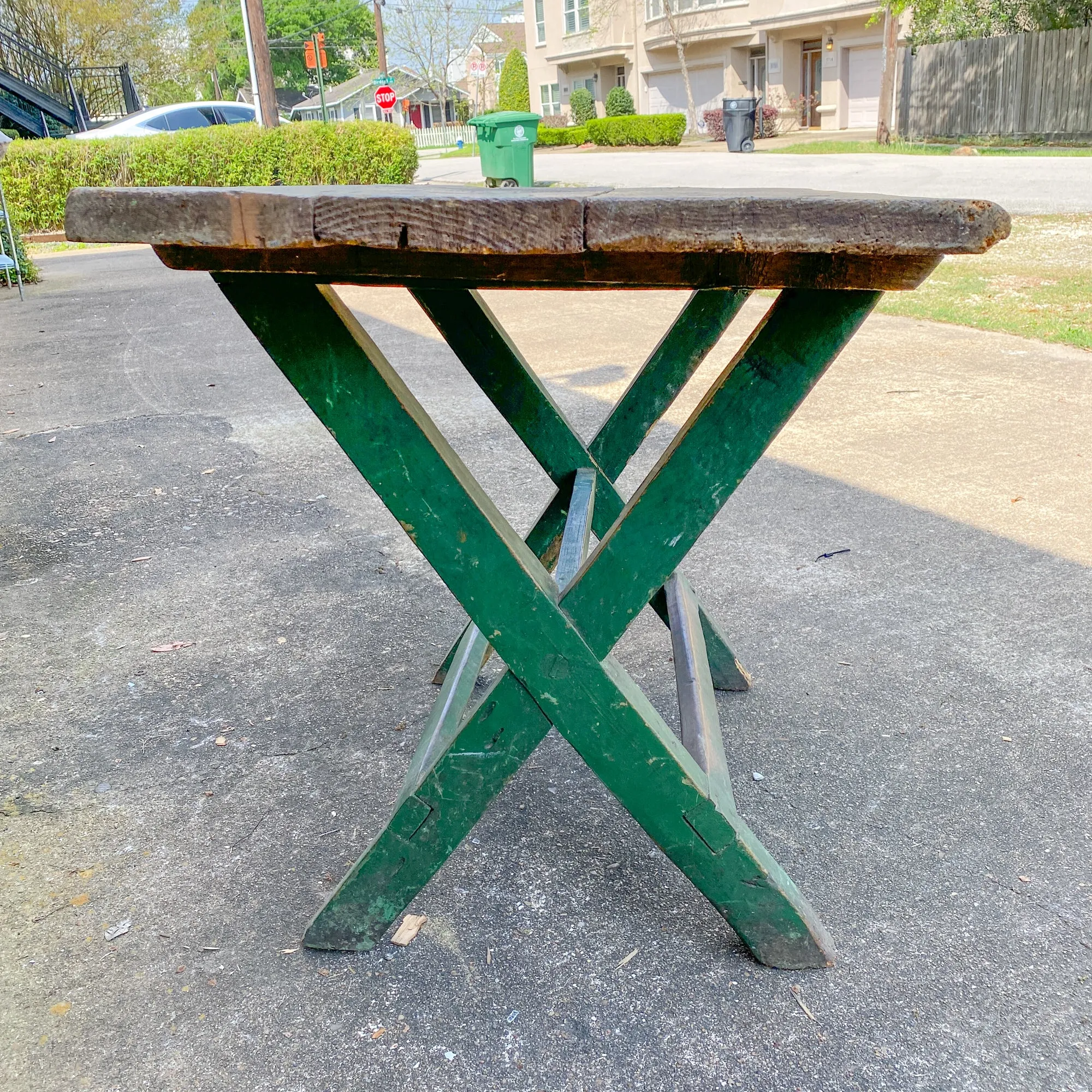 Antique French Wood Trestle Style Work Table with Green Base, circa 1850