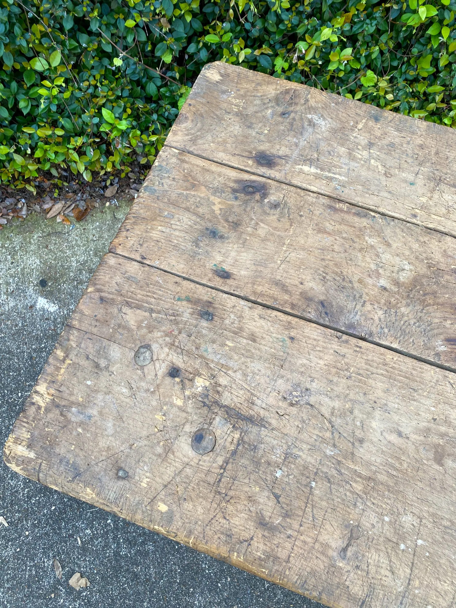 Antique French Wood Trestle Style Work Table with Green Base, circa 1850