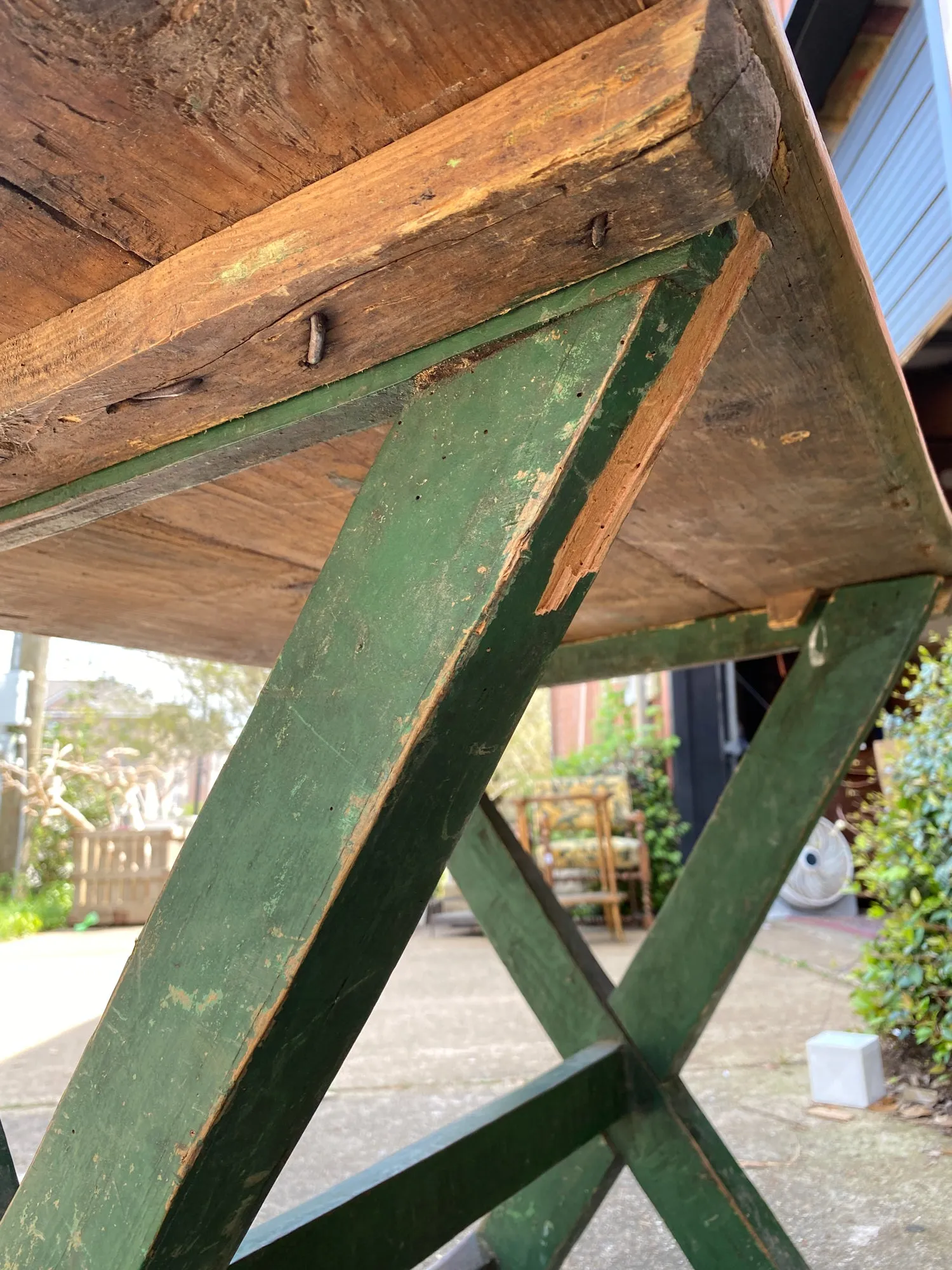 Antique French Wood Trestle Style Work Table with Green Base, circa 1850