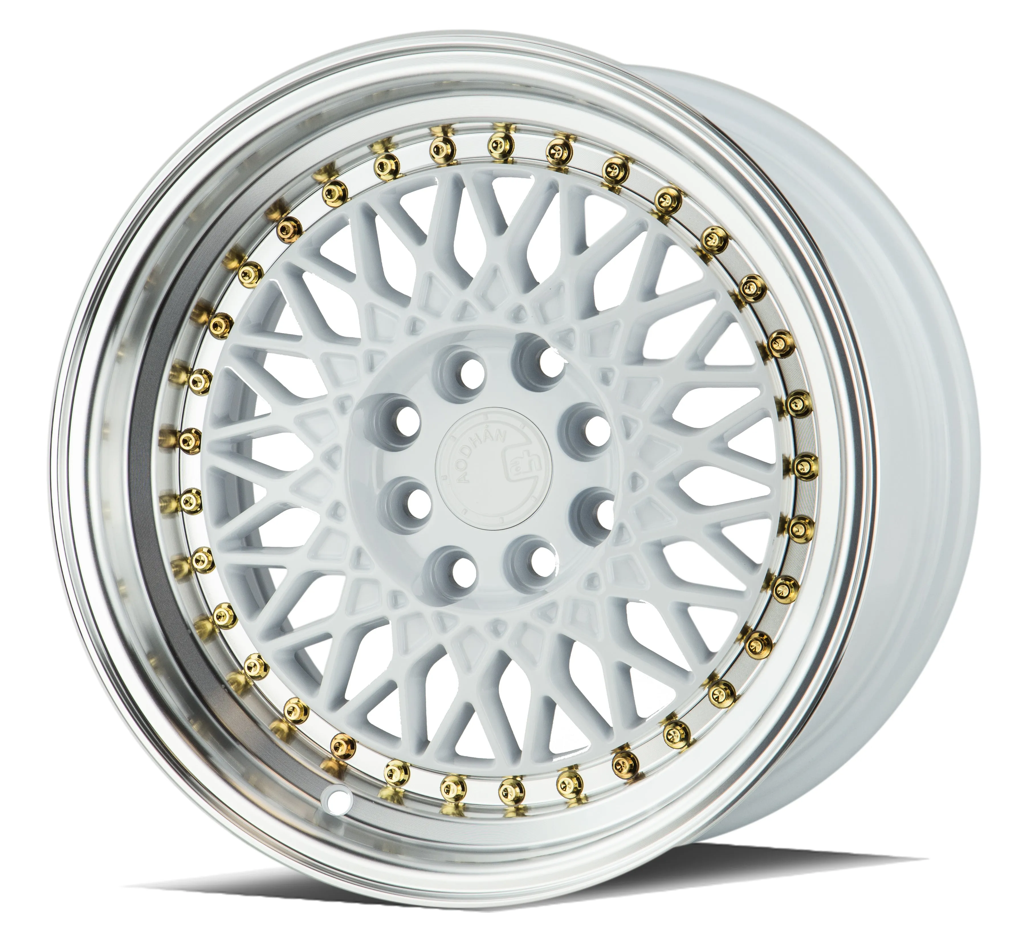 Aodhan AH05 15x8 4x100/114.3  20 White w/Machined Lip (Gold Rivets)