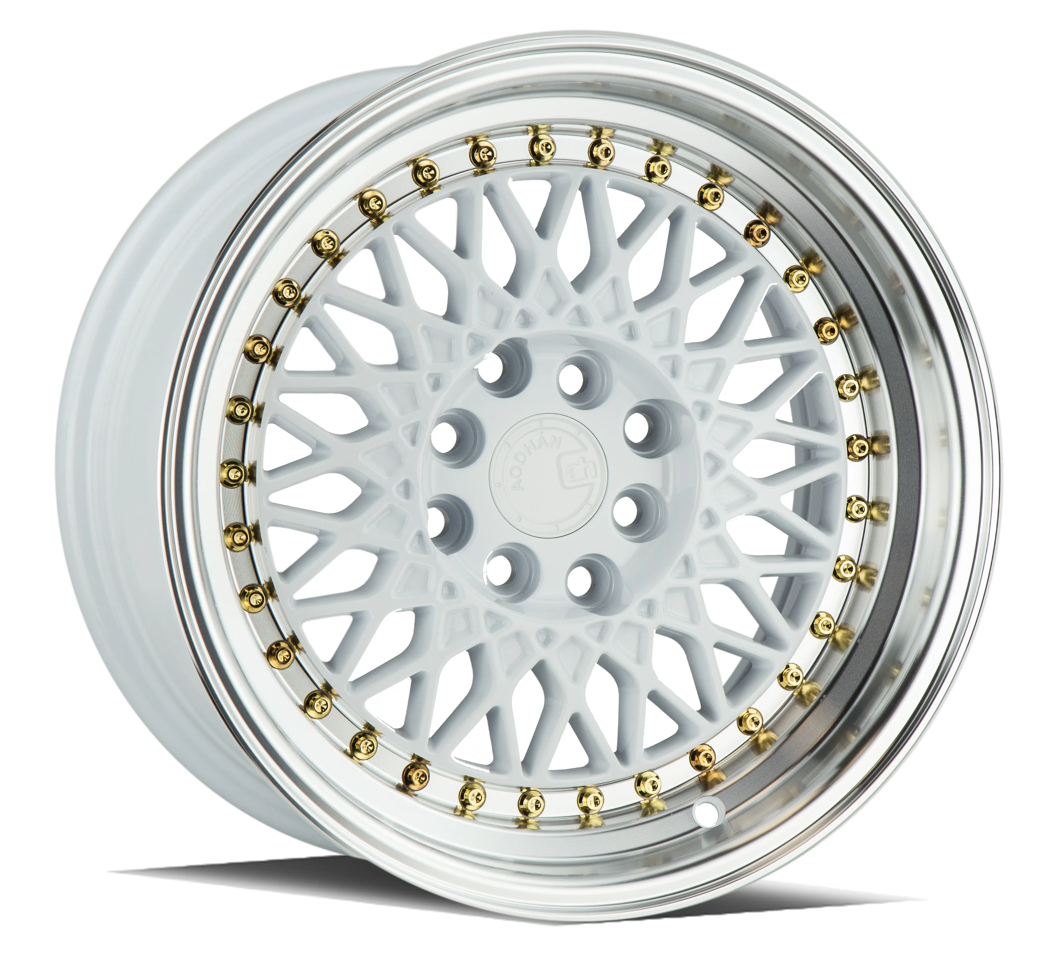 Aodhan AH05 15x8 4x100/114.3  20 White w/Machined Lip (Gold Rivets)