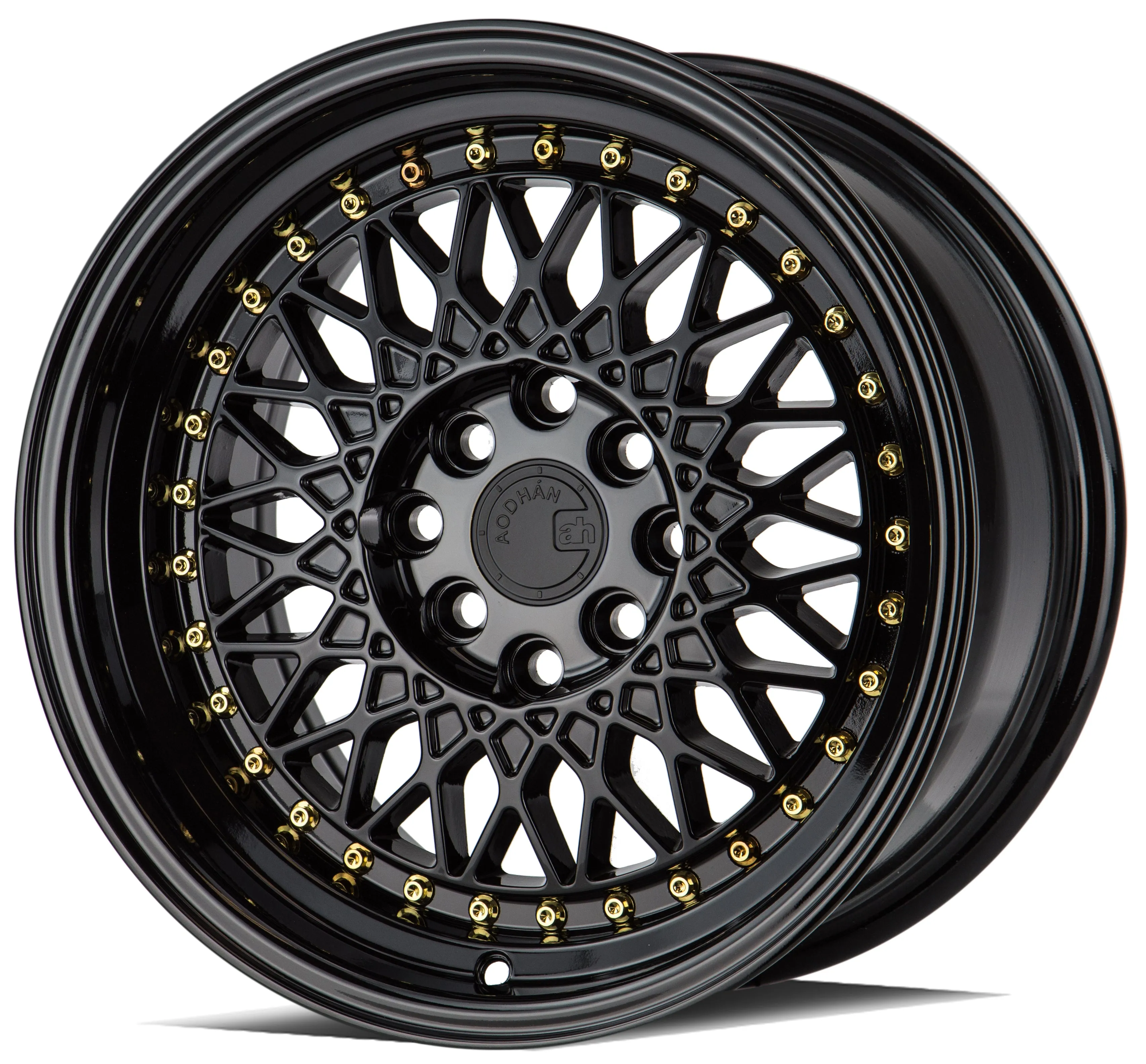 Aodhan AH05 16x8 4x100/114.3  15 Full Gloss Black ( Gold Rivet)