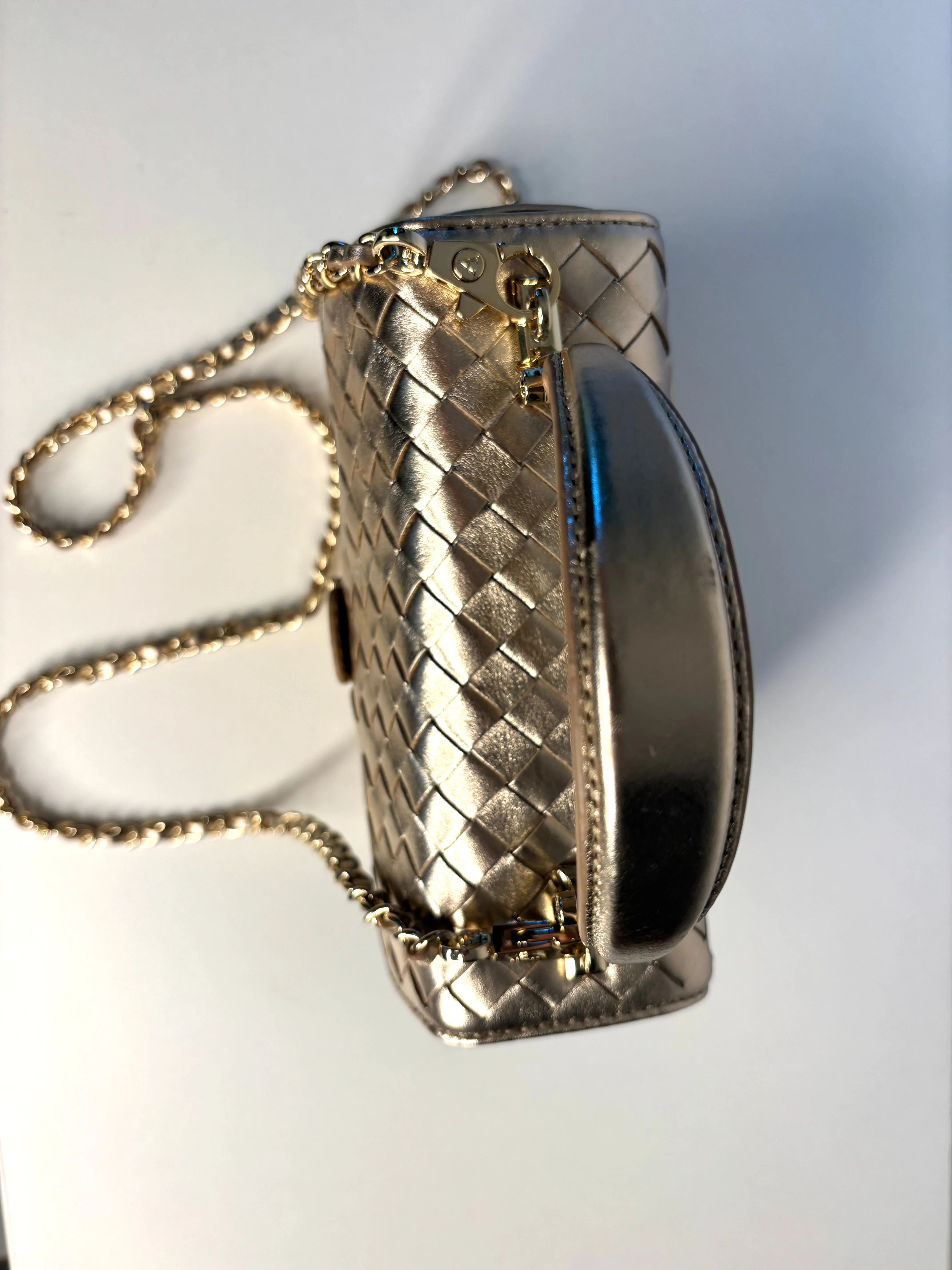 Aspinal of London Midi Mayfair Champaigne Woven Leather Top Handle Bag Preloved