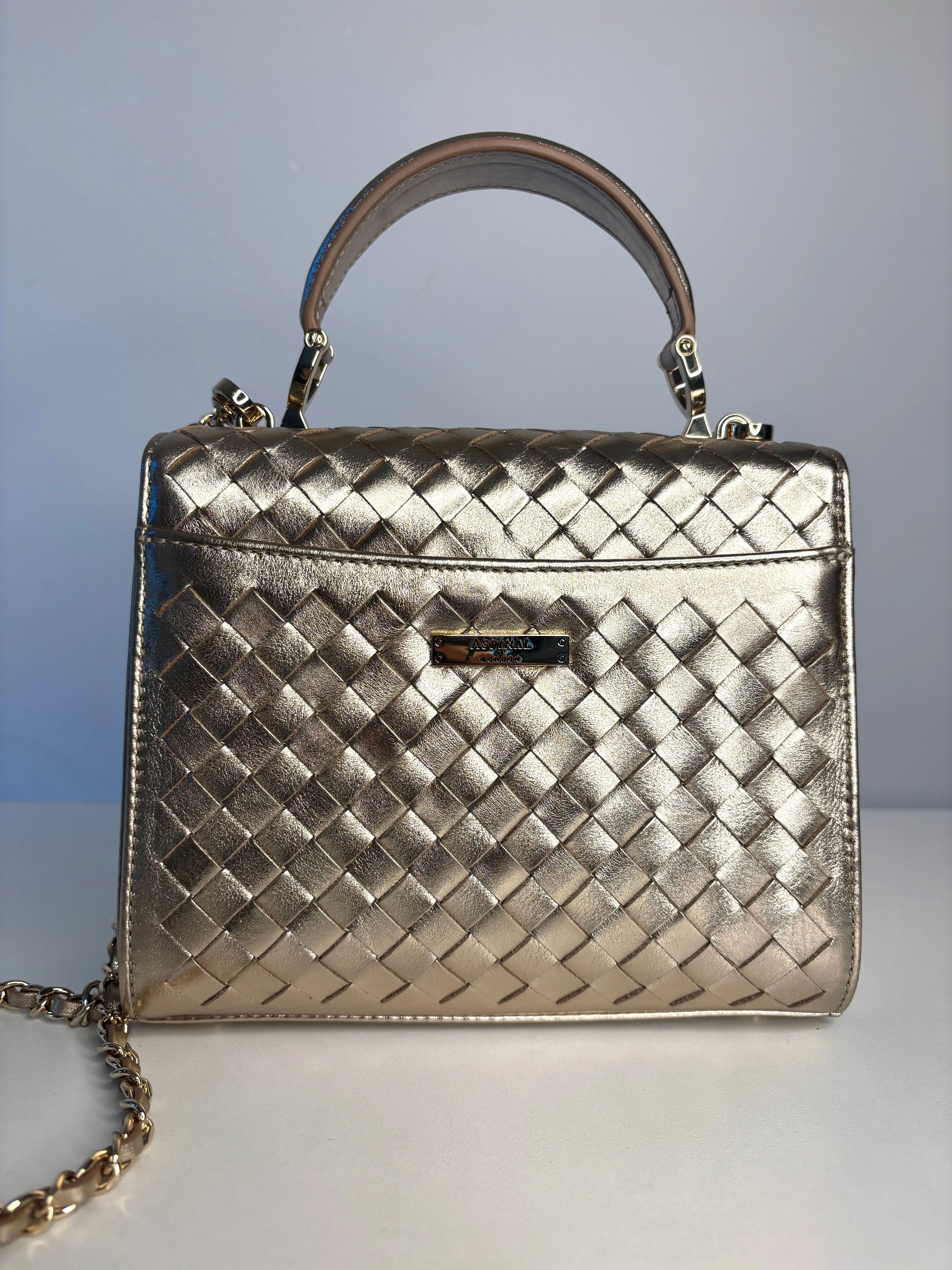Aspinal of London Midi Mayfair Champaigne Woven Leather Top Handle Bag Preloved