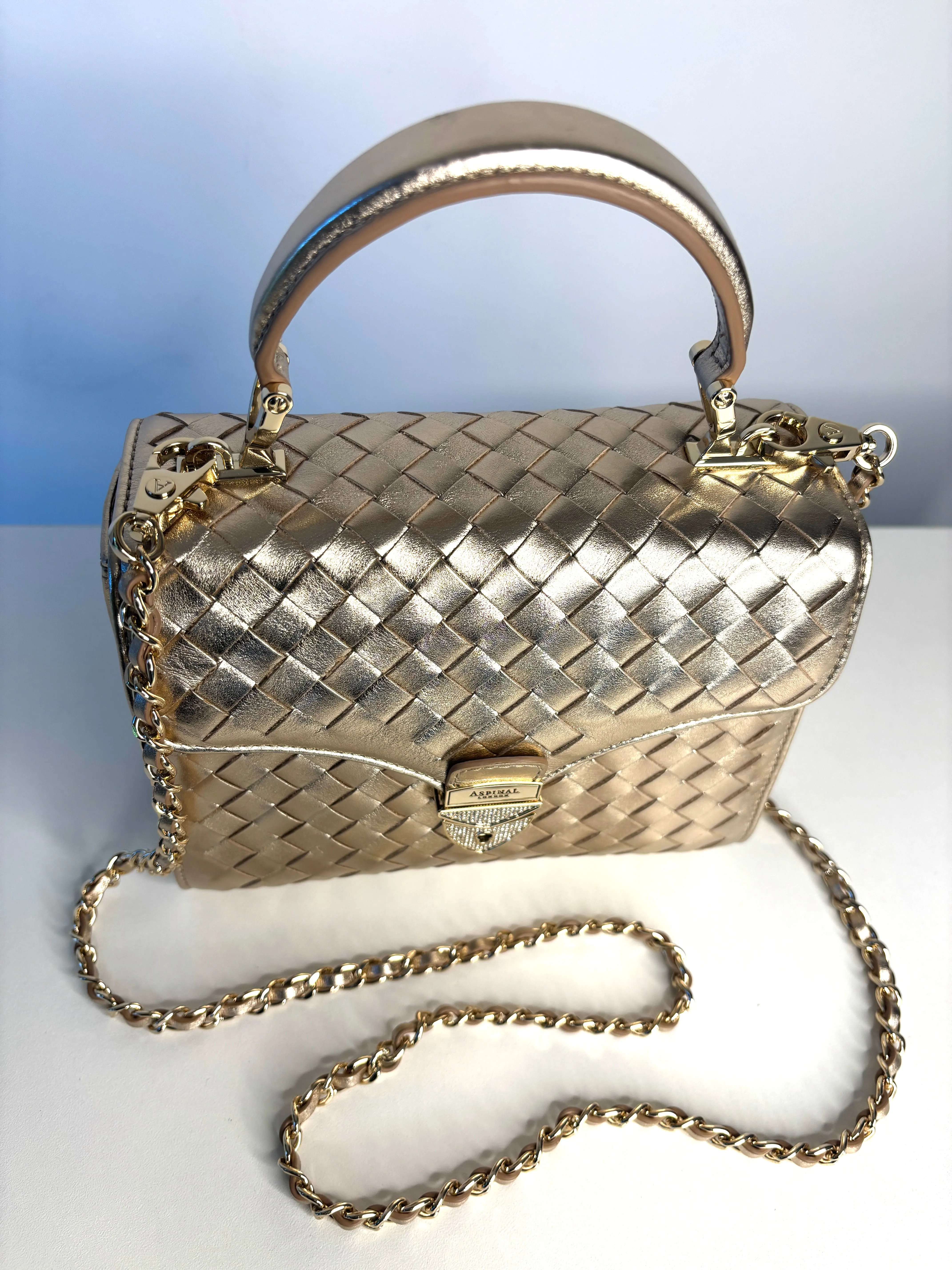 Aspinal of London Midi Mayfair Champaigne Woven Leather Top Handle Bag Preloved