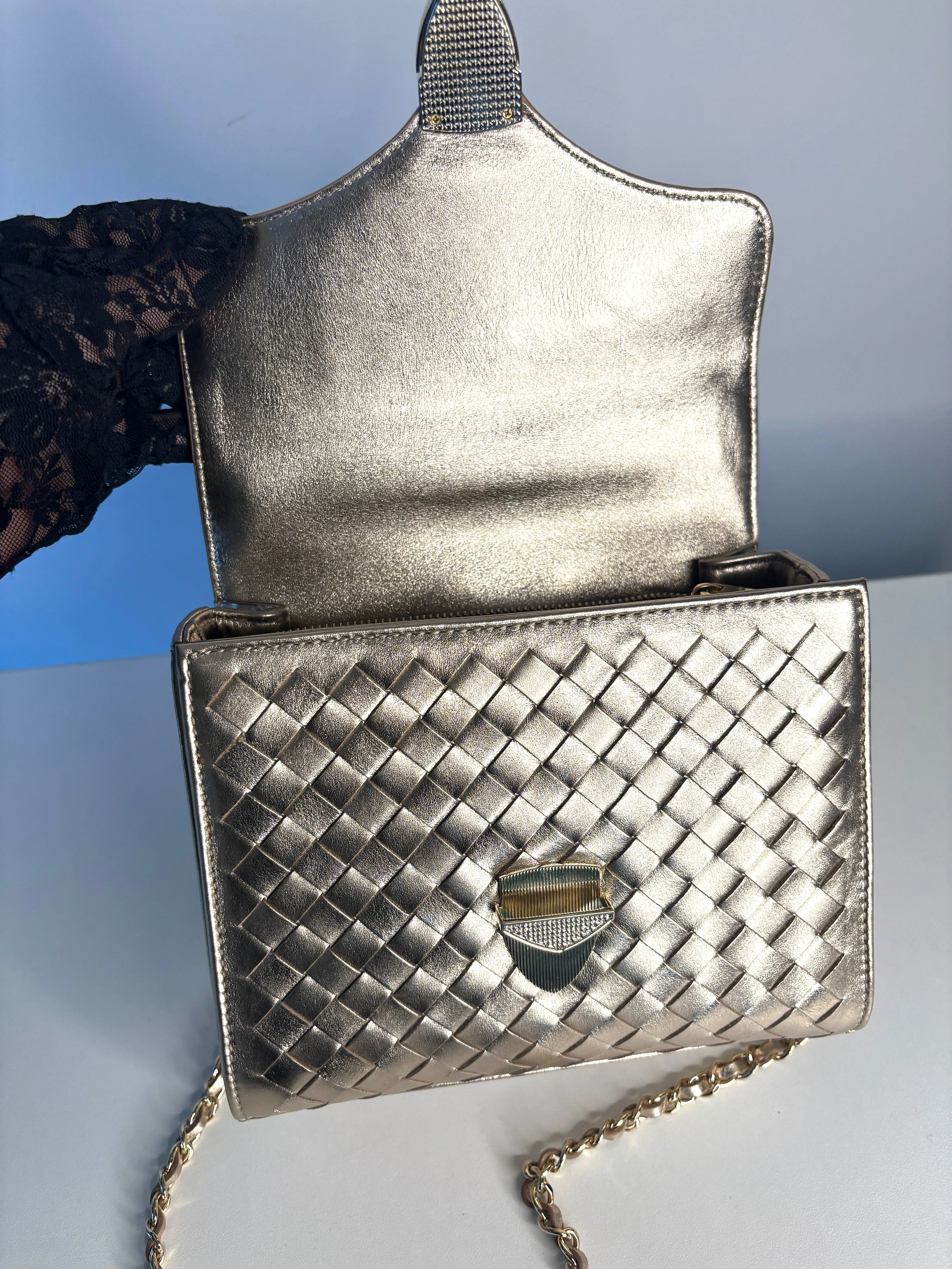 Aspinal of London Midi Mayfair Champaigne Woven Leather Top Handle Bag Preloved
