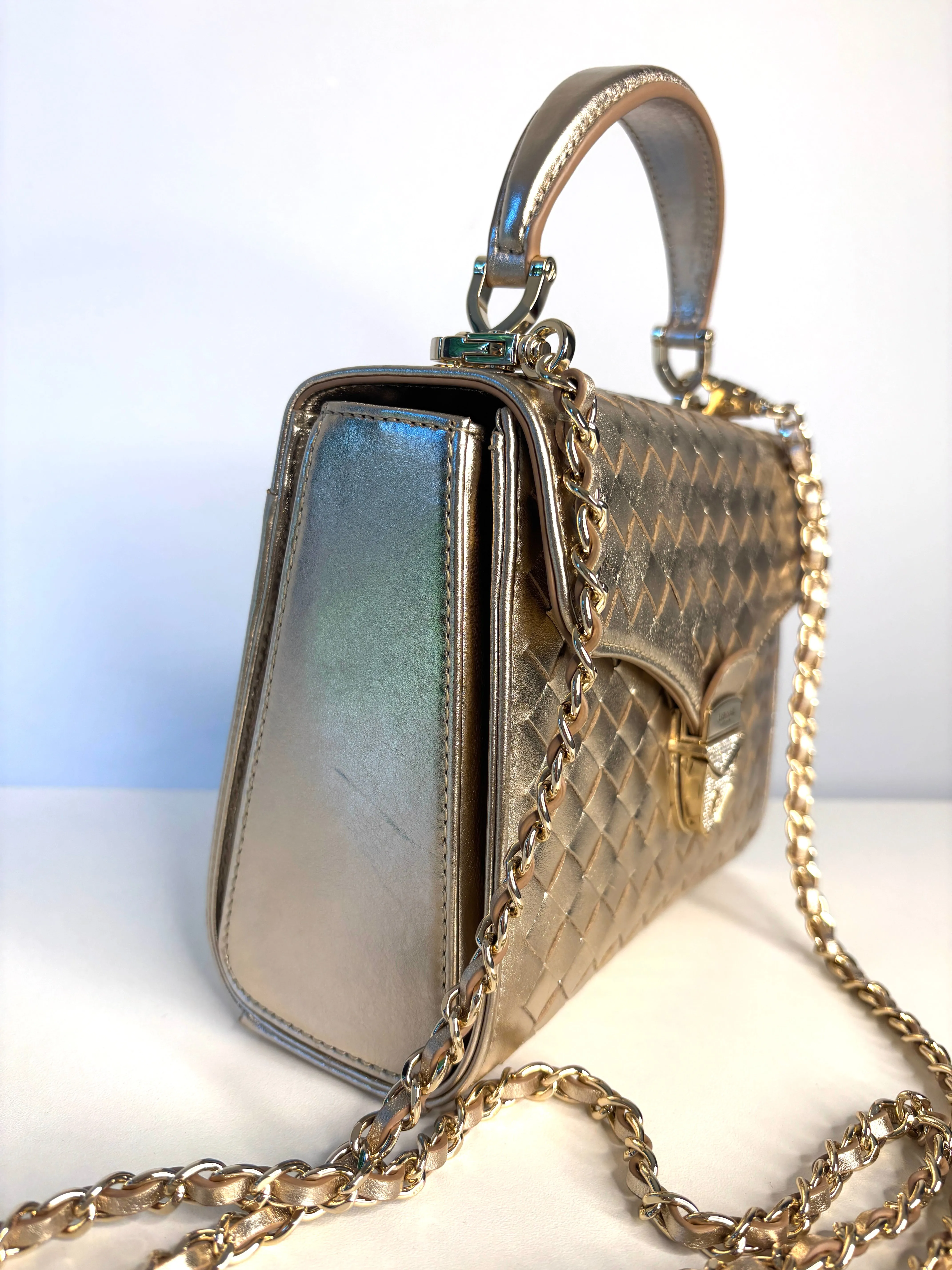 Aspinal of London Midi Mayfair Champaigne Woven Leather Top Handle Bag Preloved