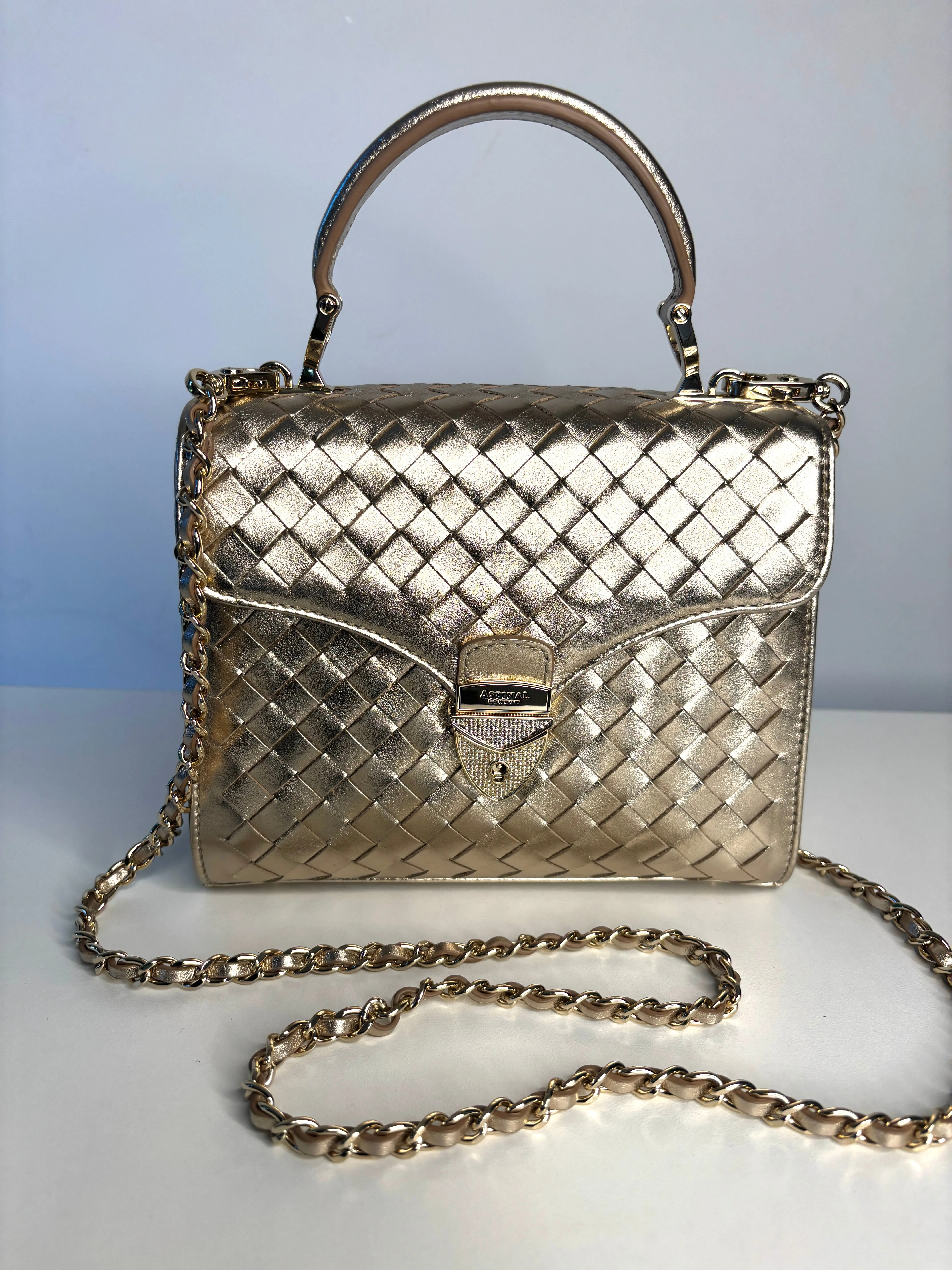 Aspinal of London Midi Mayfair Champaigne Woven Leather Top Handle Bag Preloved