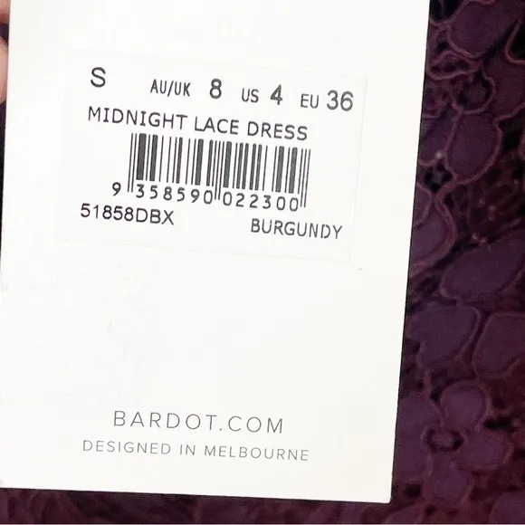 Bardot Burgundy Midnight Lace Long Sleeves Dress Size 4 US or Small NWT