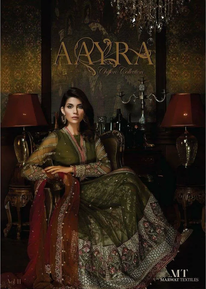 Beautiful dress in chiffon by Ayra in mehndi green and color Model # C 1134