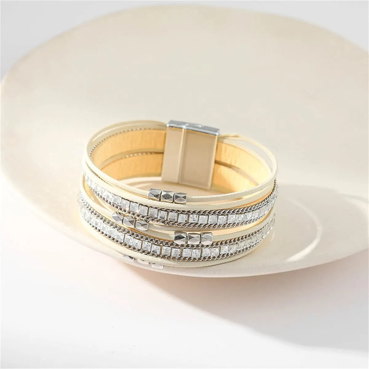 Beige Polystyrene & Silver-Plated Multi-Strand Bracelet