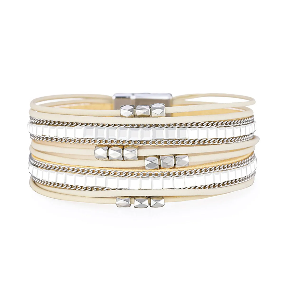 Beige Polystyrene & Silver-Plated Multi-Strand Bracelet