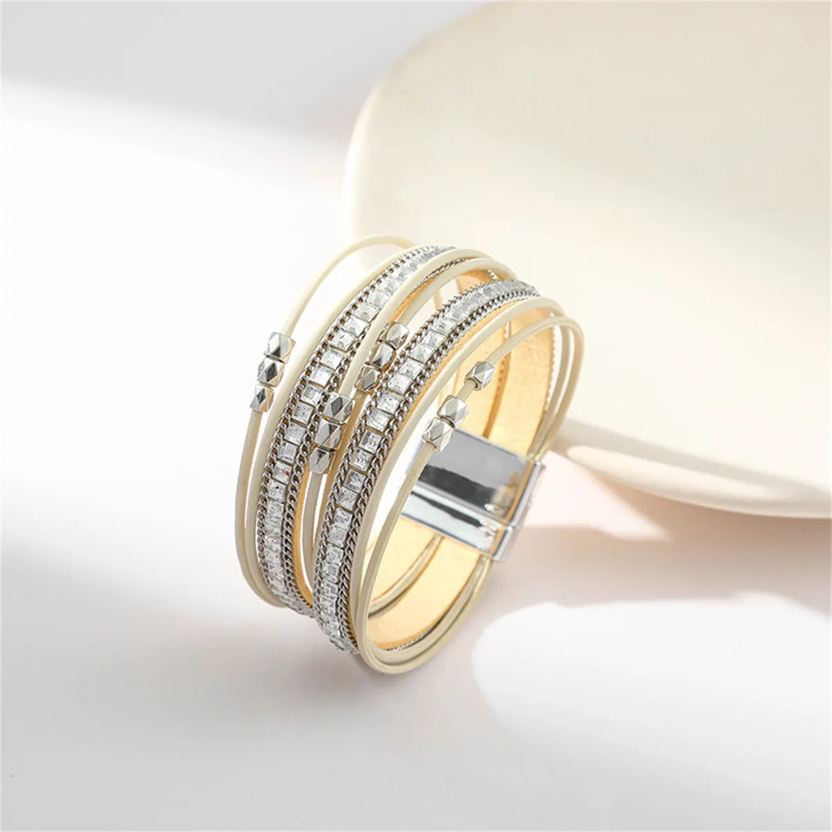 Beige Polystyrene & Silver-Plated Multi-Strand Bracelet
