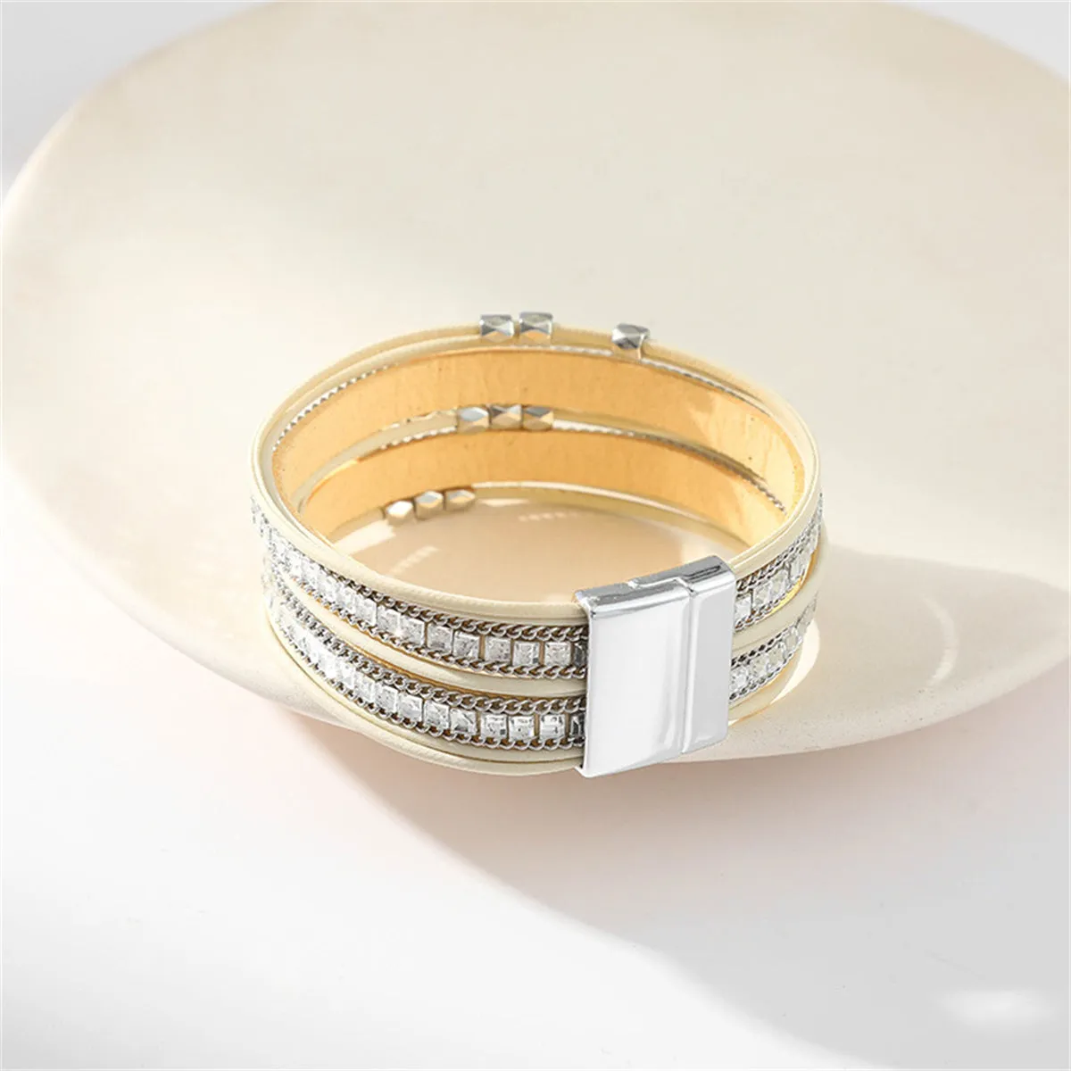 Beige Polystyrene & Silver-Plated Multi-Strand Bracelet