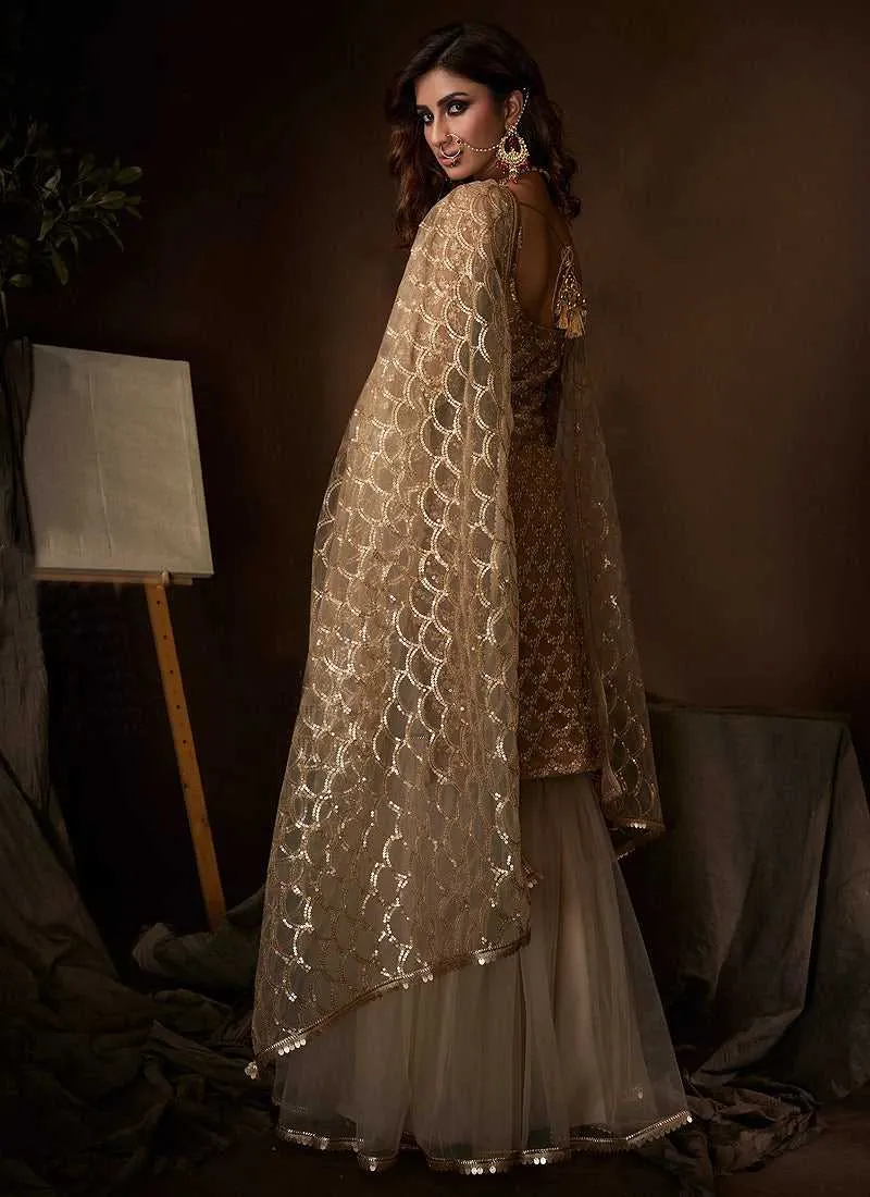 Beige Sequins Work Embroidered Gharara Style Suit