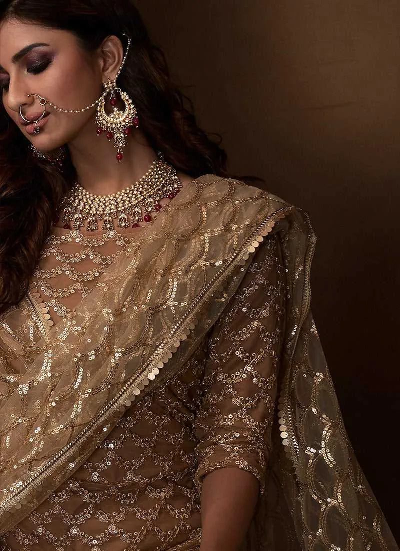 Beige Sequins Work Embroidered Gharara Style Suit