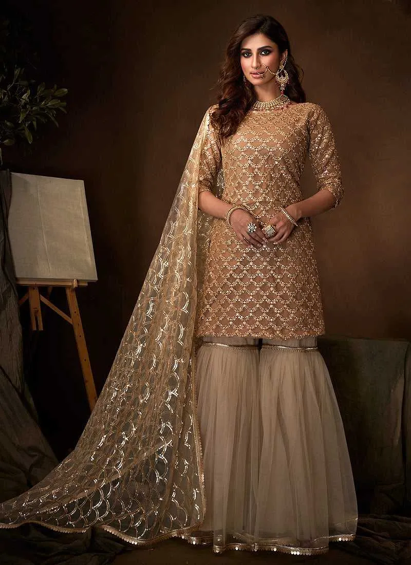 Beige Sequins Work Embroidered Gharara Style Suit
