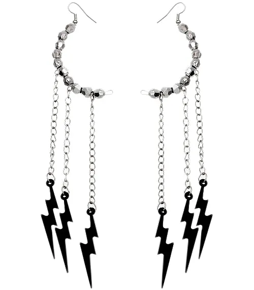 Black Beaded Drop Chain Lightning Bolt Dangle Earrings