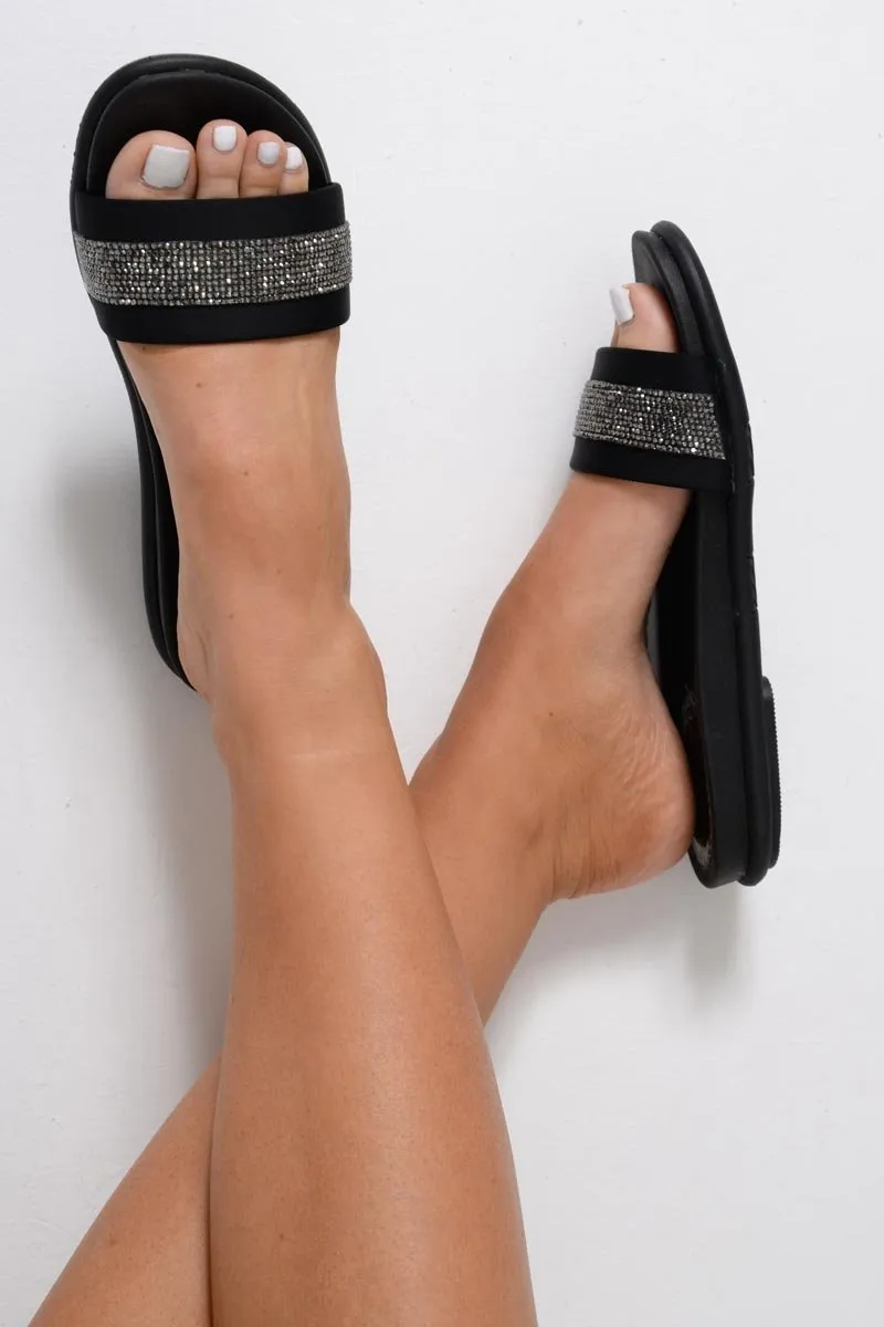Black Diamante Strap Sliders  - Kadyn