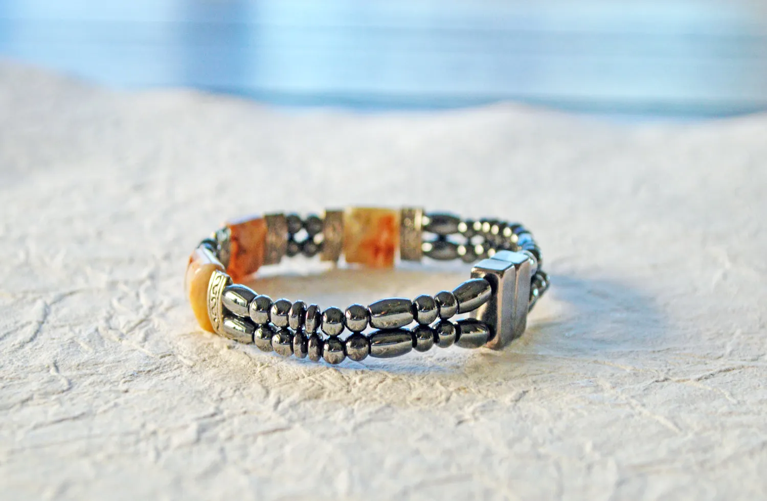 Black Hematite and Agate Magnetic Bracelet for Pain